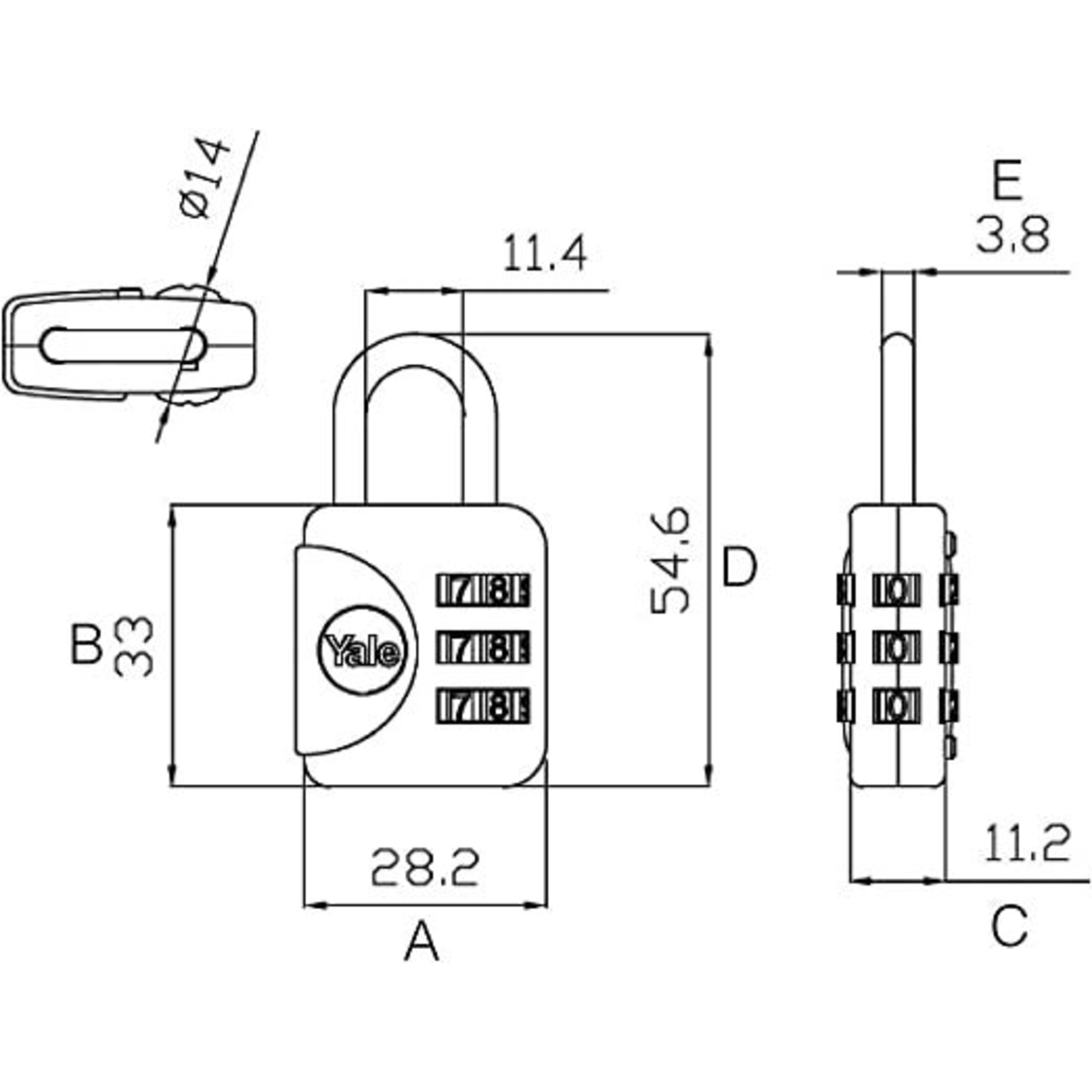 Disegno tecnico di un lucchetto a combinazione Yale con dimensioni.
