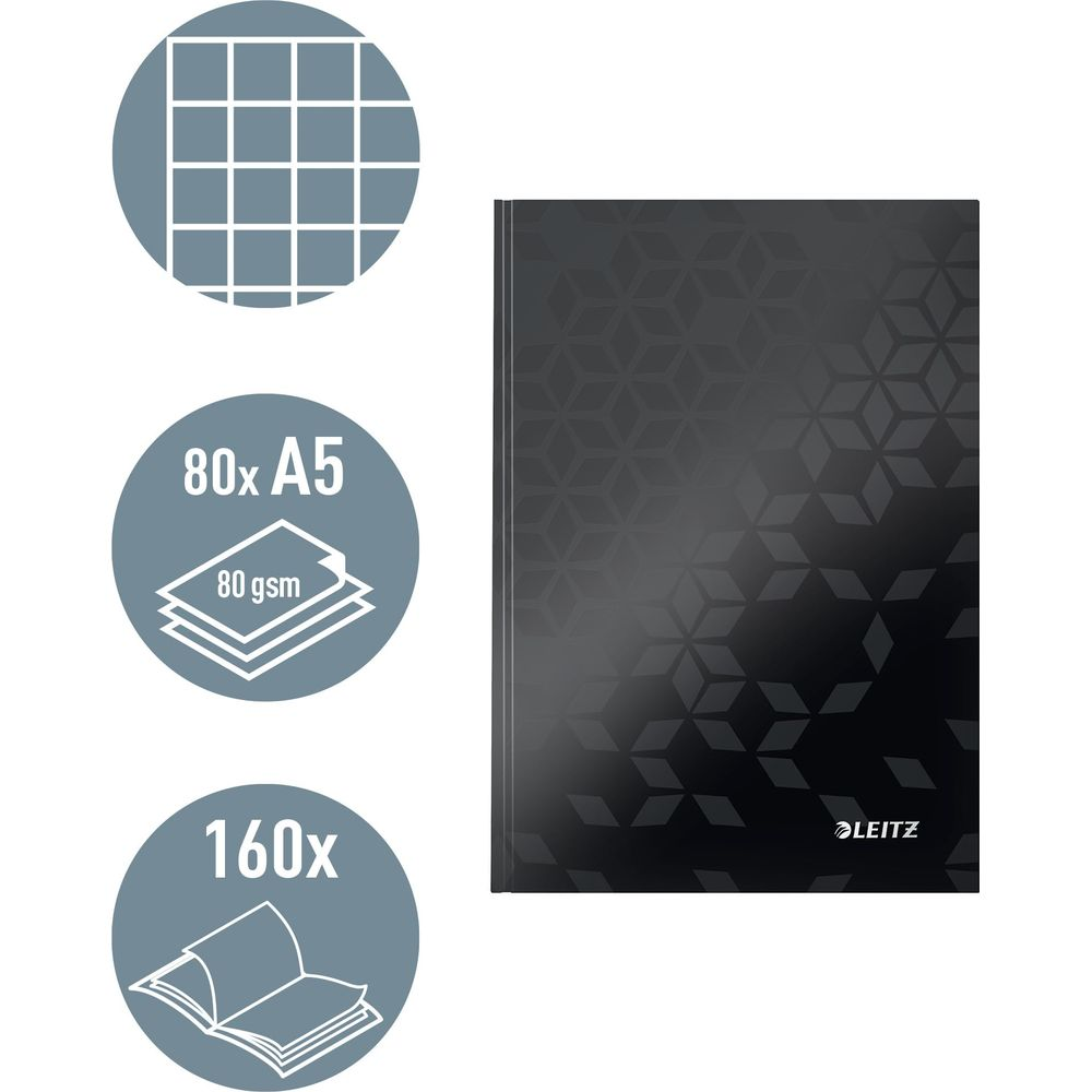 Schwarzer Leitz Notizblock A5, 80 Blatt, 80 gsm, 160 Seiten.