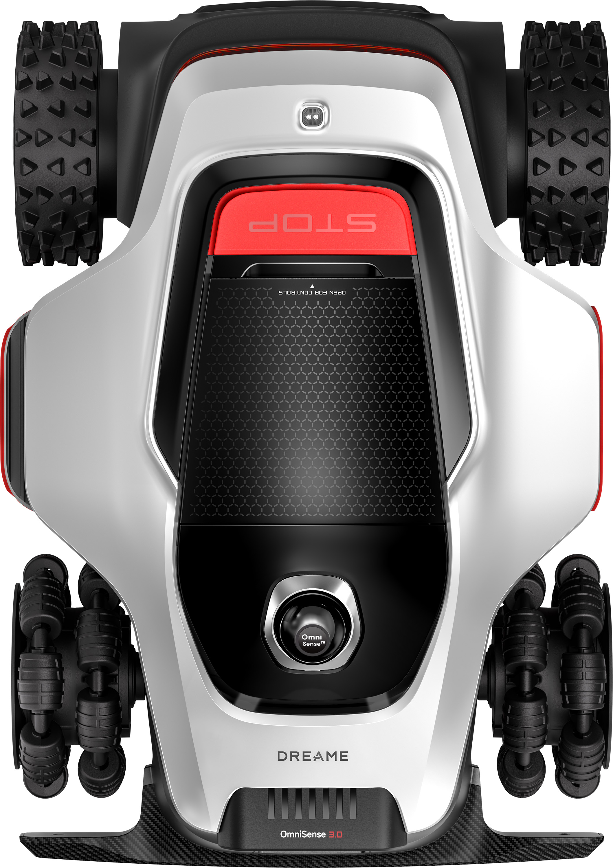 Srebrny robot koszący z czarnymi kołami i czerwonym przyciskiem stop.