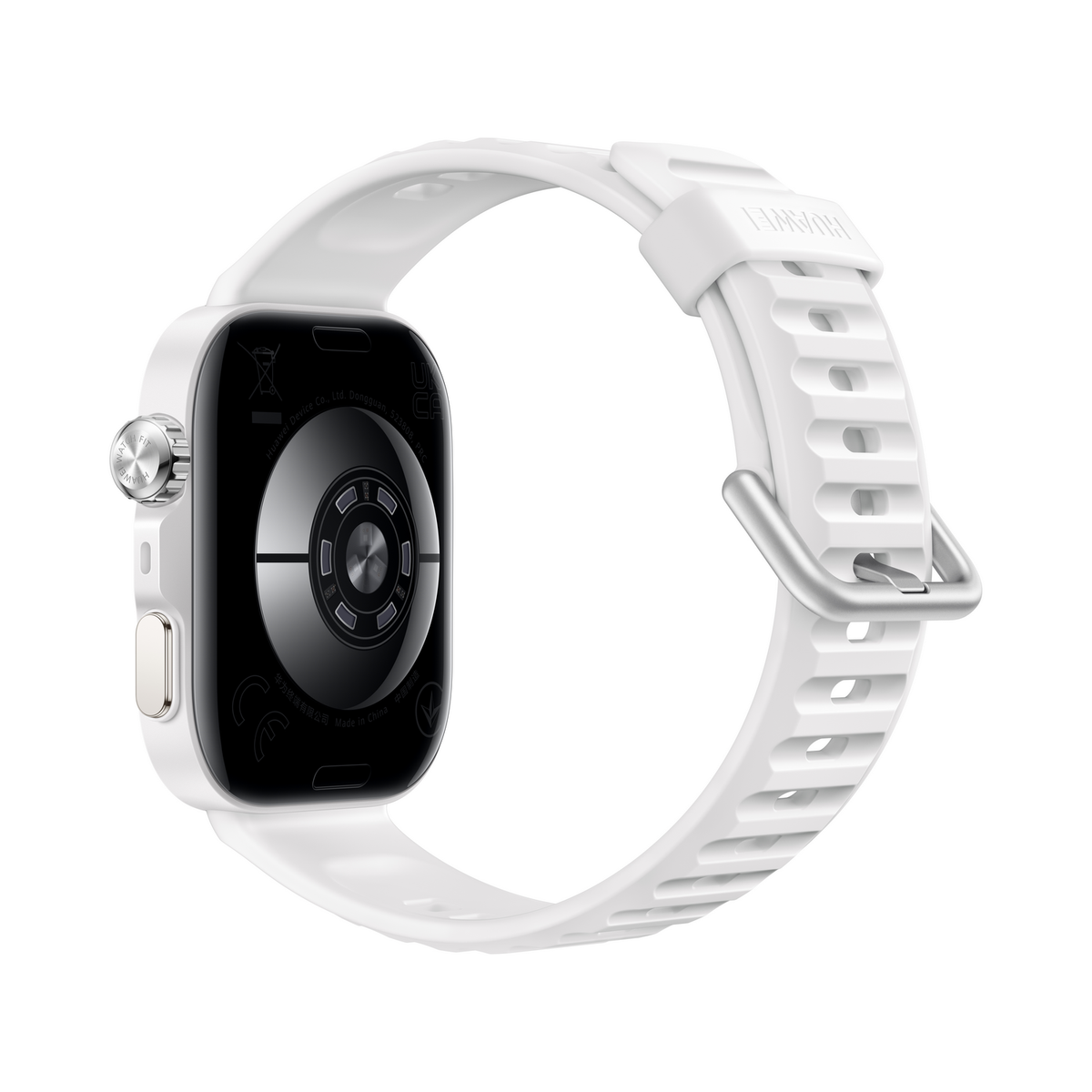 Weiße Smartwatch mit silberner Krone und weißem Armband, Rückseite sichtbar.
