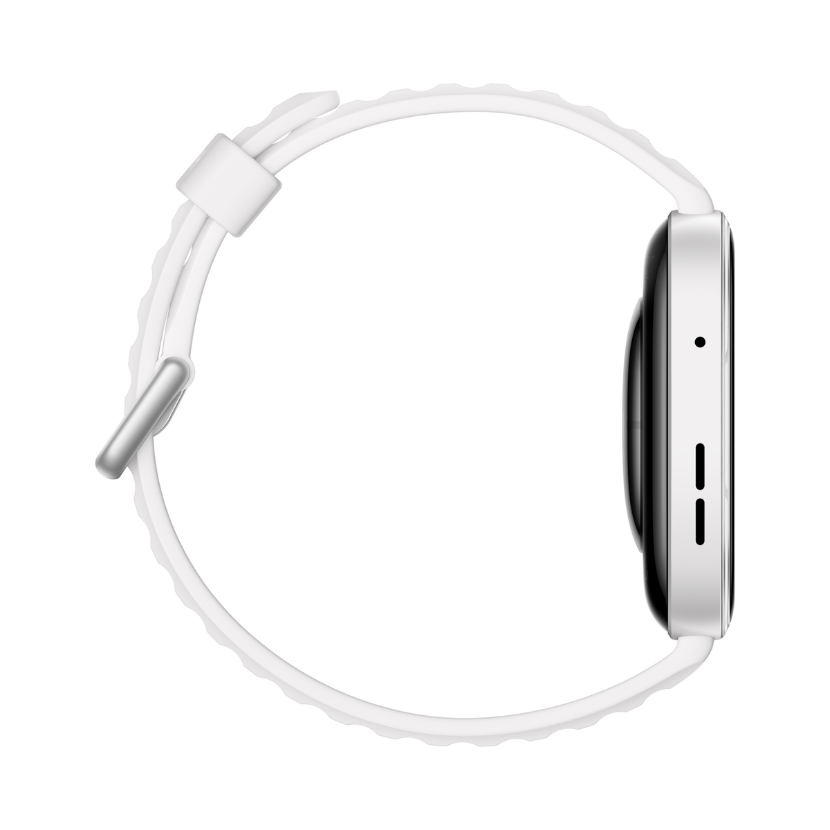 Eine weiße Smartwatch mit silbernem Armband-Detail auf weißem Grund.