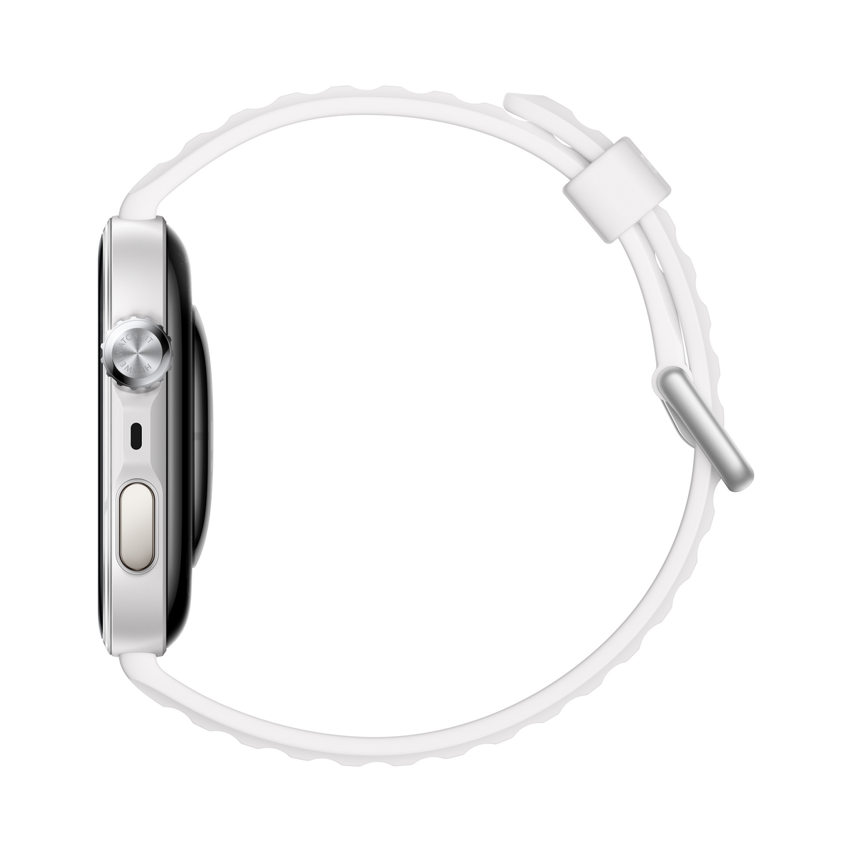 Weiße Smartwatch mit silbernem Gehäuse, im Profil gezeigt.