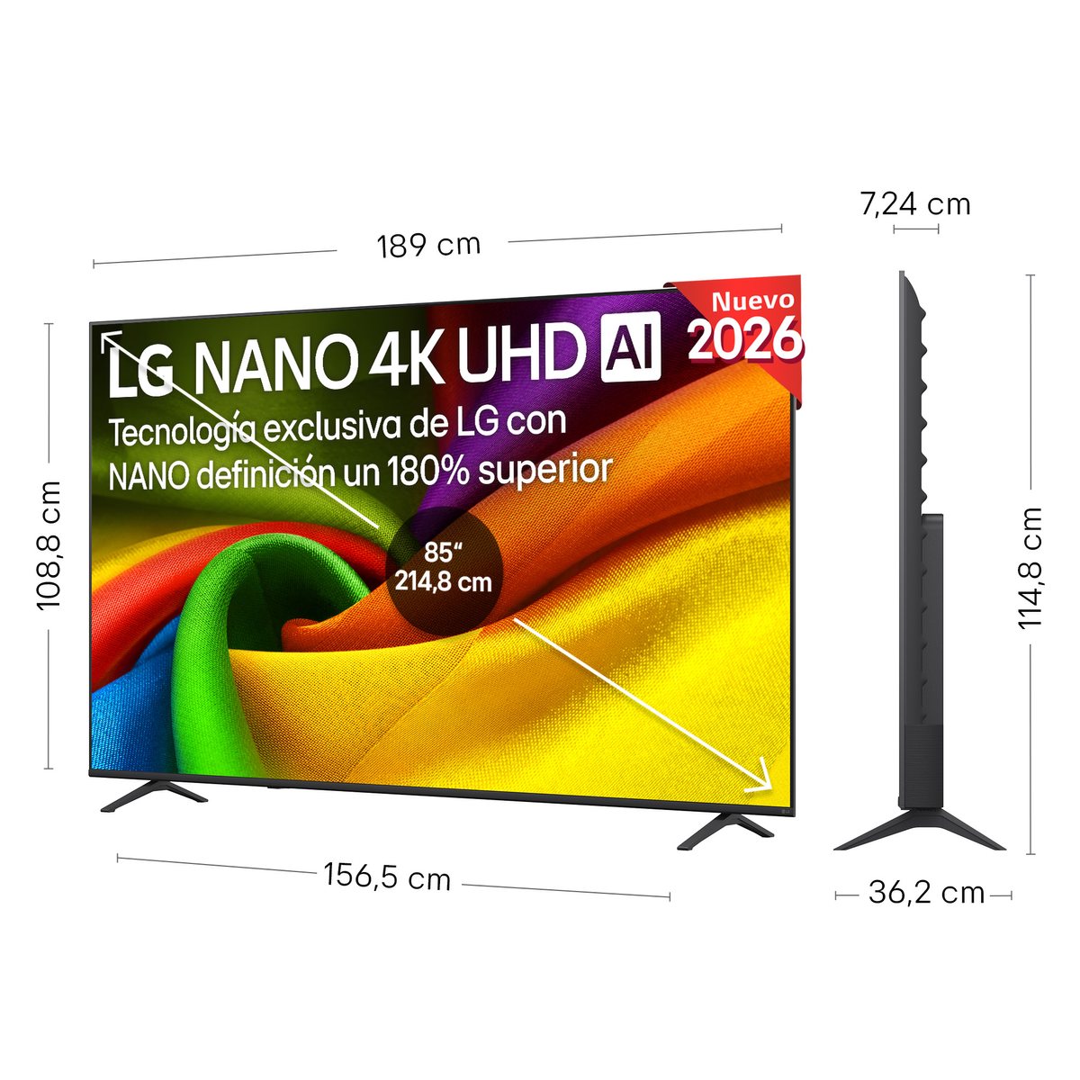 Un televisor LG Nano 4K UHD AI de 85 pulgadas con dimensiones y especificaciones.