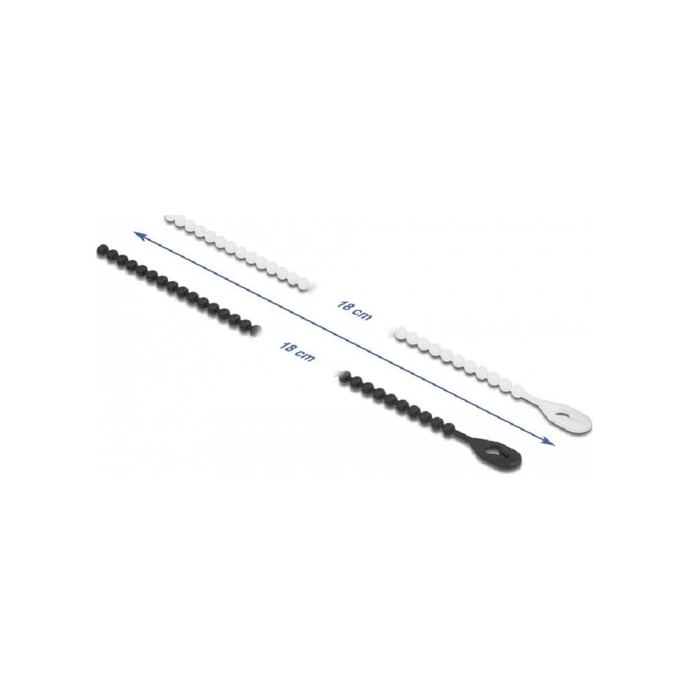 Zwei 18 cm lange Schnüre, eine schwarz, eine weiß, mit Perlen und Schlaufe.
