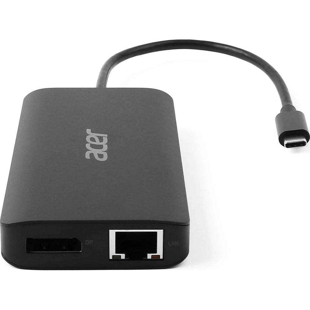 Adattatore USB-C Acer nero con porte LAN e DP e cavo USB-C.