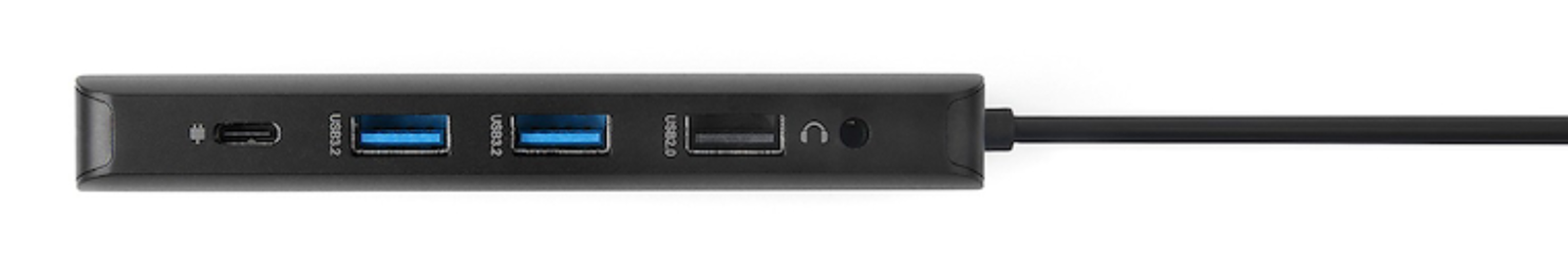 Hub USB-C nero con porte USB-A e jack per cuffie.