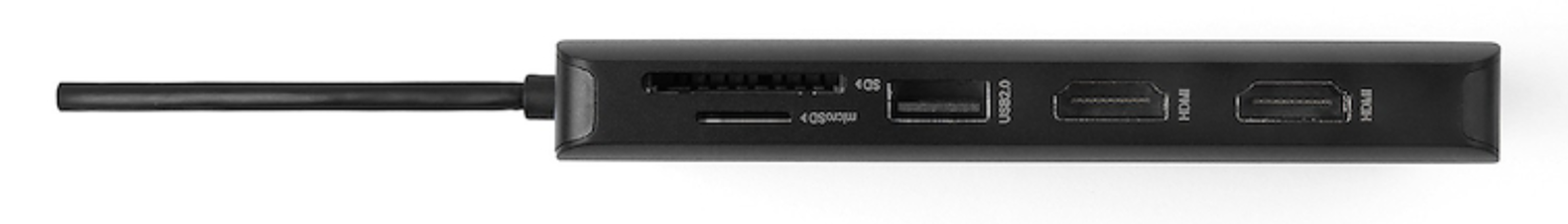 Hub USB-C nero con porte SD, MicroSD, USB 2.0 e due HDMI.