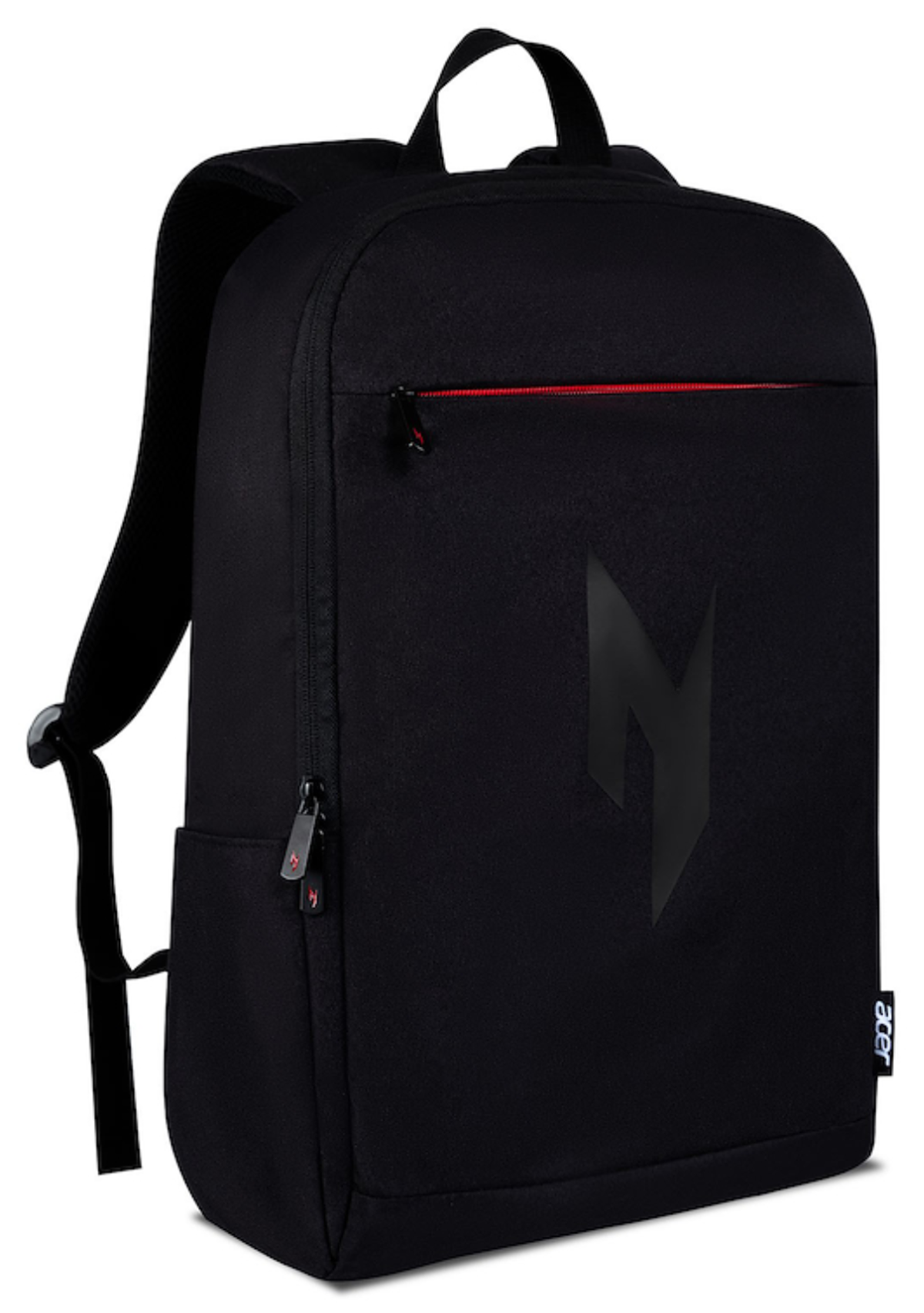 Mochila negra con detalle de cremallera roja y logo negro 'N'.