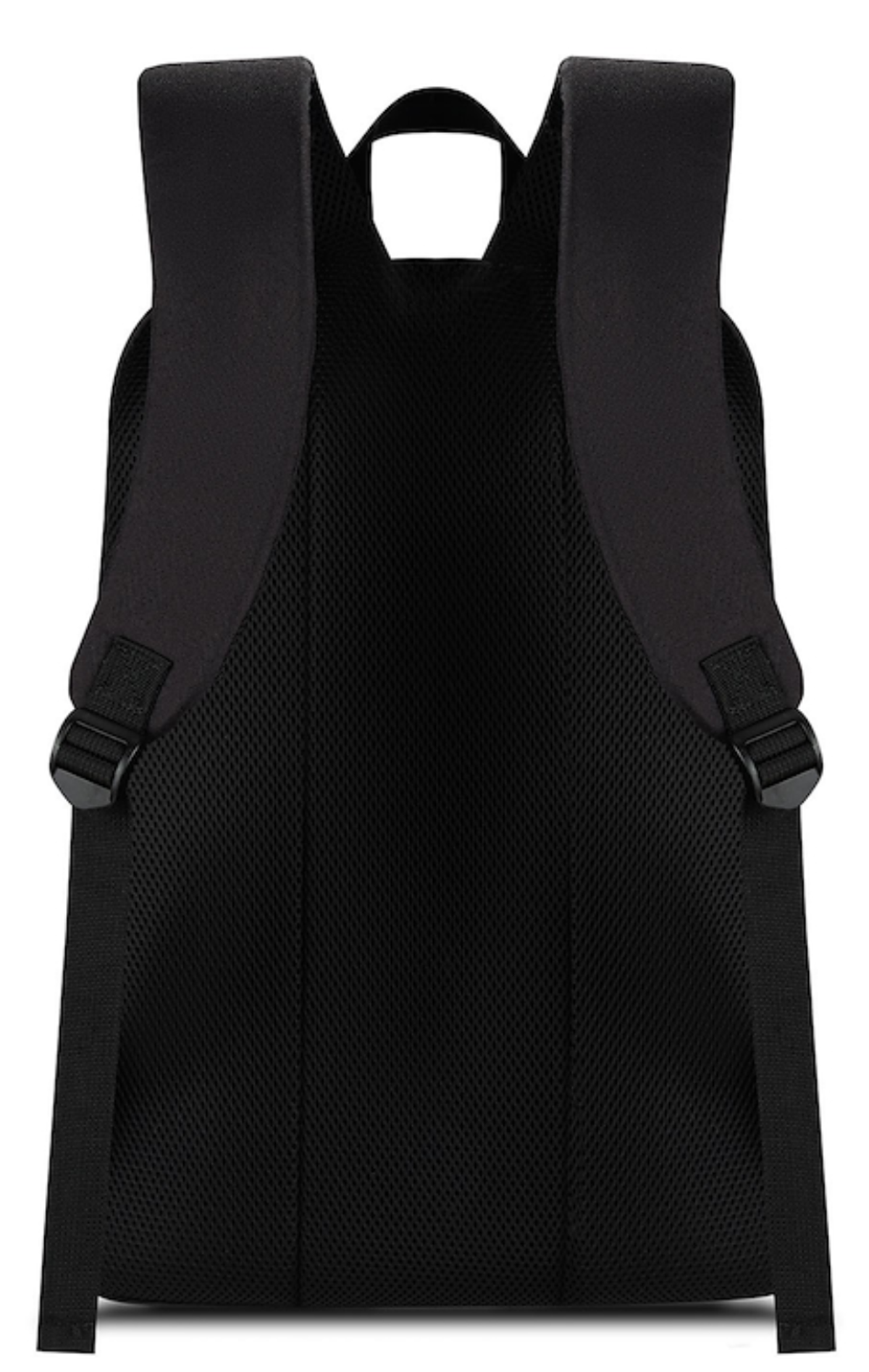 Vista trasera de una mochila negra con correas acolchadas y panel trasero de malla.