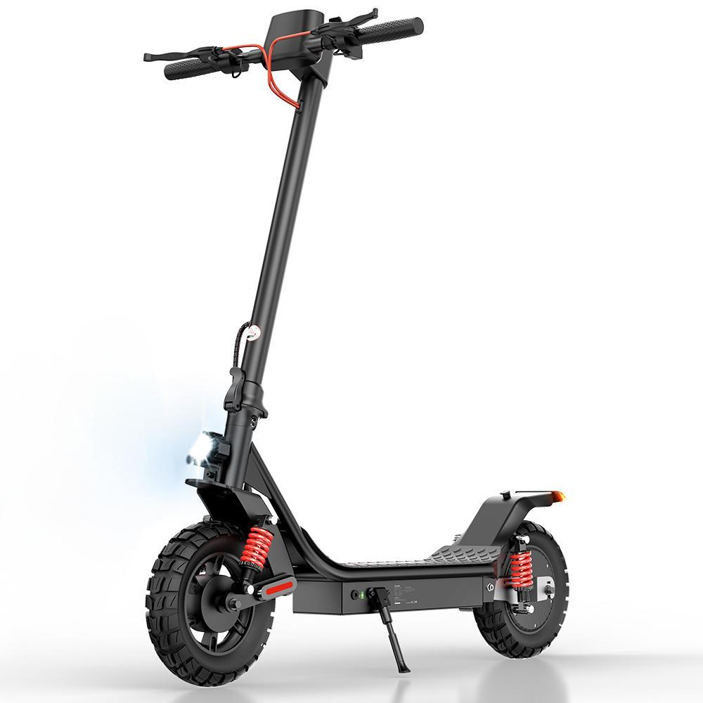 Un monopattino elettrico nero con molle rosse e fari a LED.
