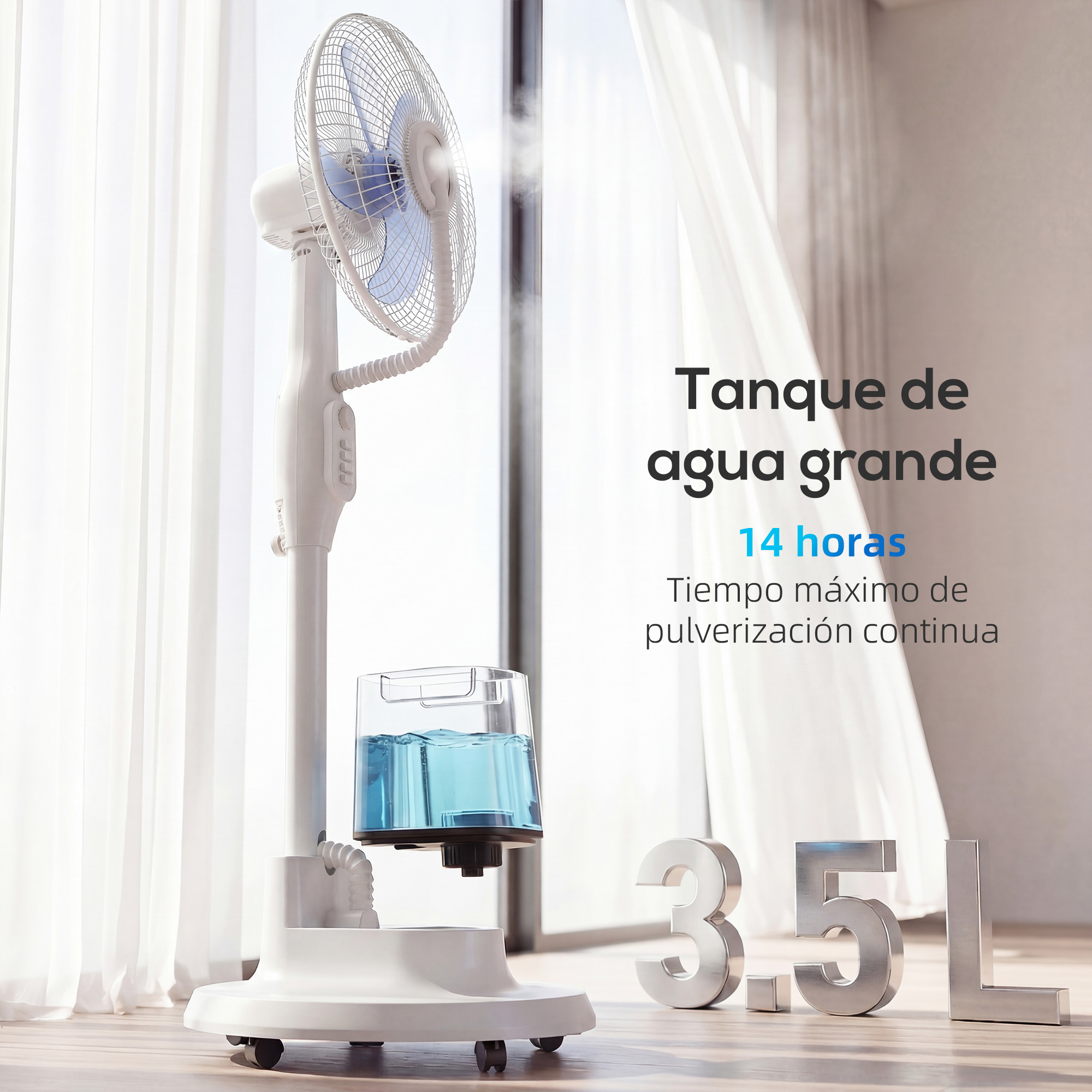 Un ventilador de torre blanco con rotor azul y tanque de agua rocía niebla.