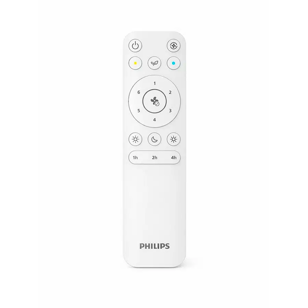 Un mando a distancia Philips blanco con botones de encendido, velocidad del ventilador y temporizador.