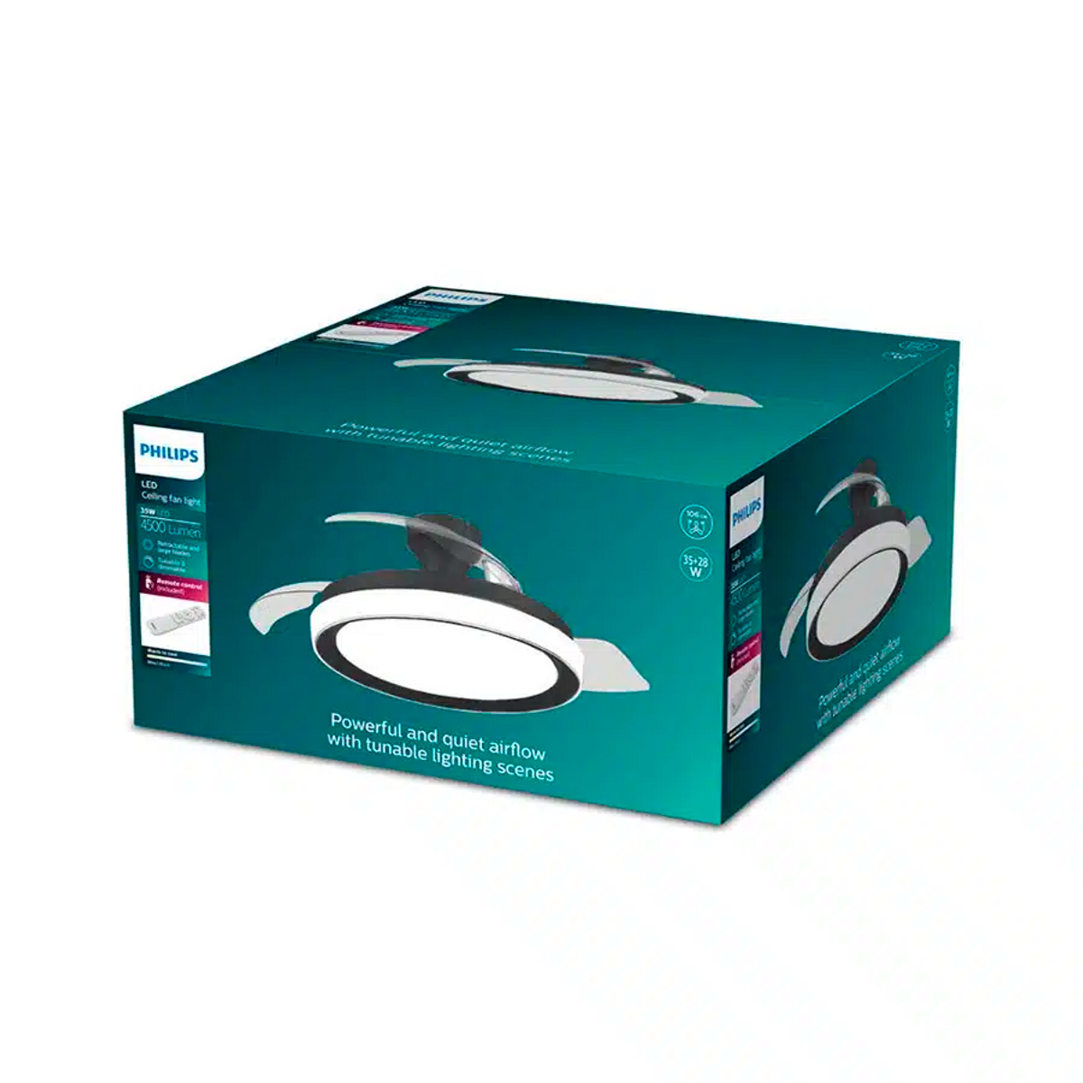 Caja de una lámpara ventilador de techo LED Philips con mando a distancia.