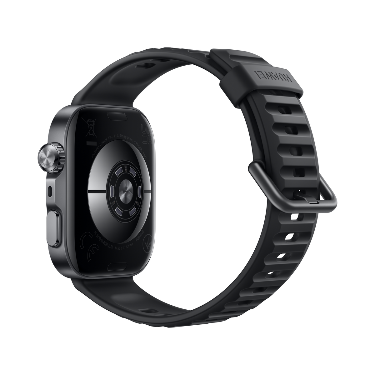 Rückseite einer schwarzen Smartwatch mit schwarzem Armband und Huawei-Logo.