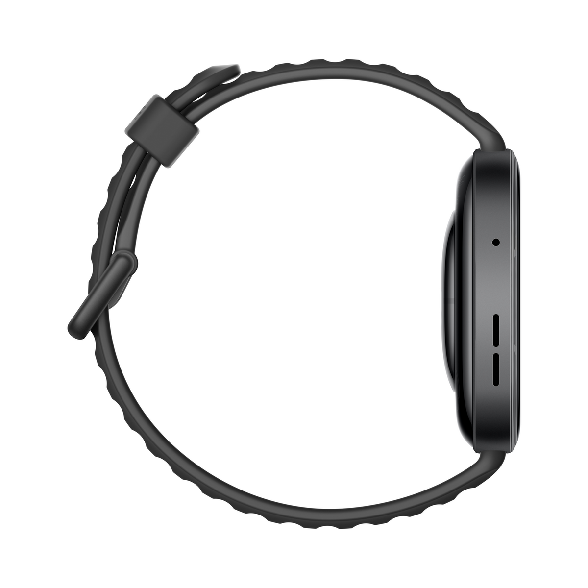 Schwarzes Smartwatch-Armband mit seitlicher Ansicht des Gehäuses auf weißem Hintergrund.