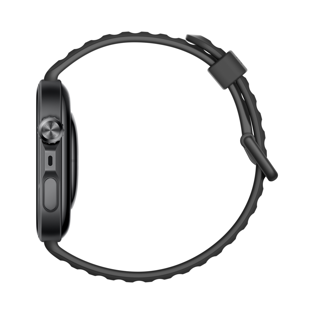 Schwarze Smartwatch mit geriffeltem Armband und drehbarer Krone, Seitenansicht.