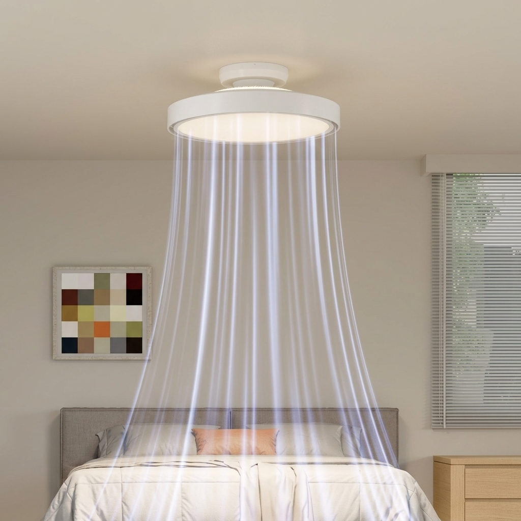 Un ventilador de techo blanco con luces sobre una cama con un cuadro abstracto moderno.