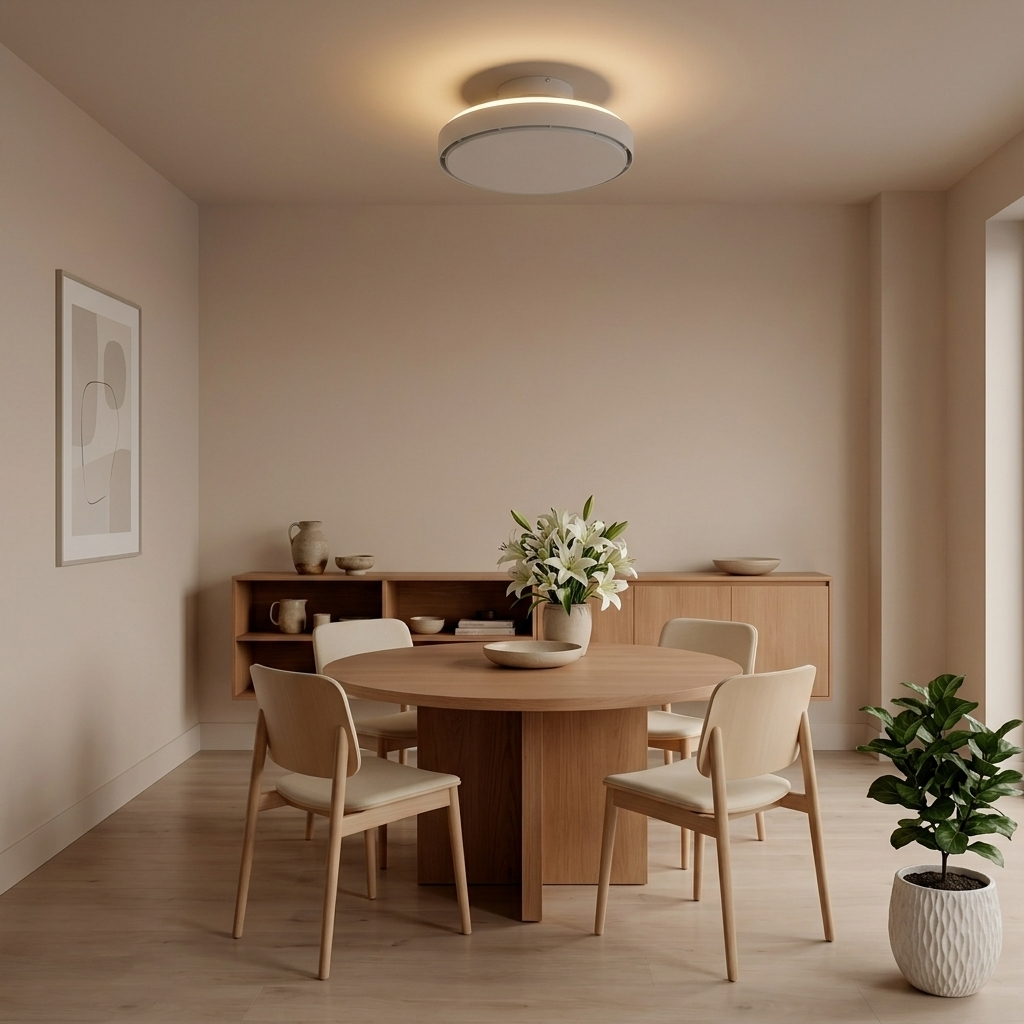 Un comedor con mesa de madera, cuatro sillas, un aparador y una planta.