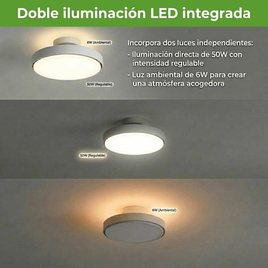Lámpara de techo con dos luces LED independientes: 50W fuerte, 6W ambiente.