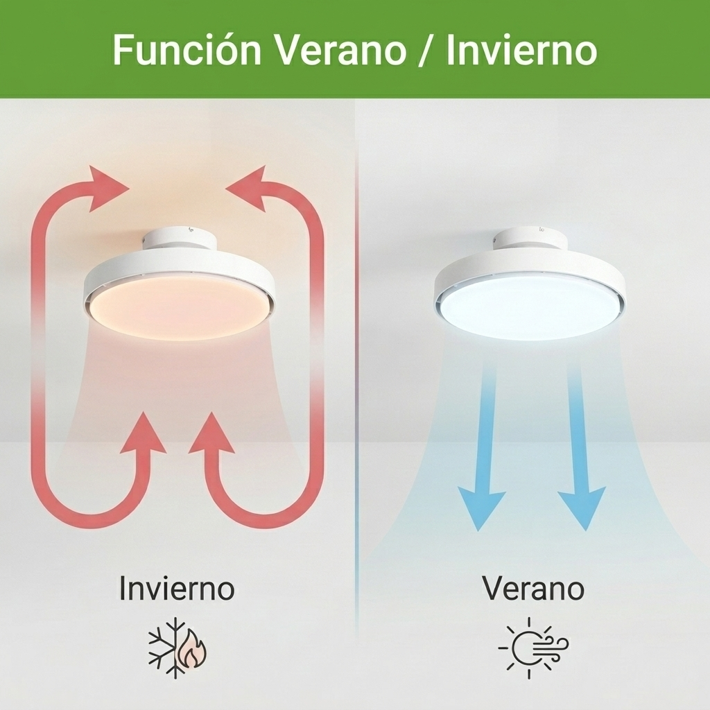 Lámpara de techo muestra modo invierno (rojo, flechas hacia arriba) y modo verano (azul, flechas hacia abajo).
