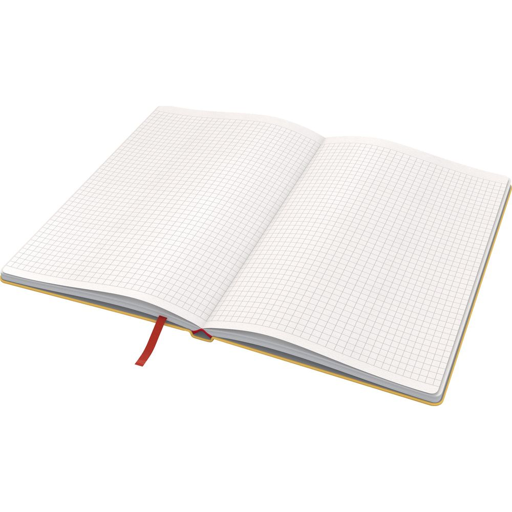 Ein offenes Notizbuch mit karierten Seiten und einem roten Lesezeichen.