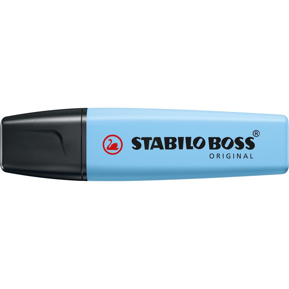 Ein hellblauer Stabilo Boss Textmarker mit schwarzer Kappe.