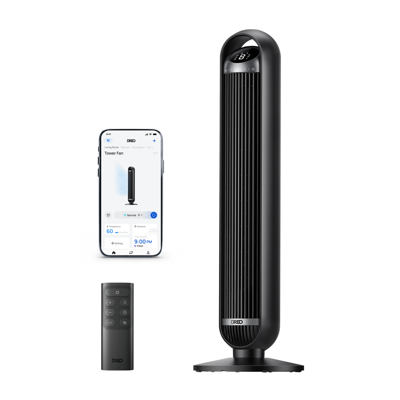Ventilateur sur pied noir avec télécommande et vue d'application mobile.