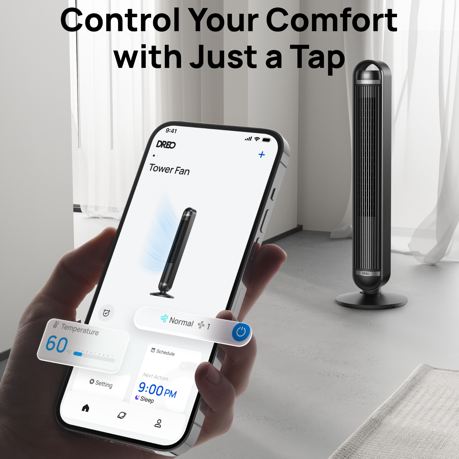Une main tient un smartphone affichant une application de ventilateur tour. Un ventilateur tour noir est en arrière-plan.