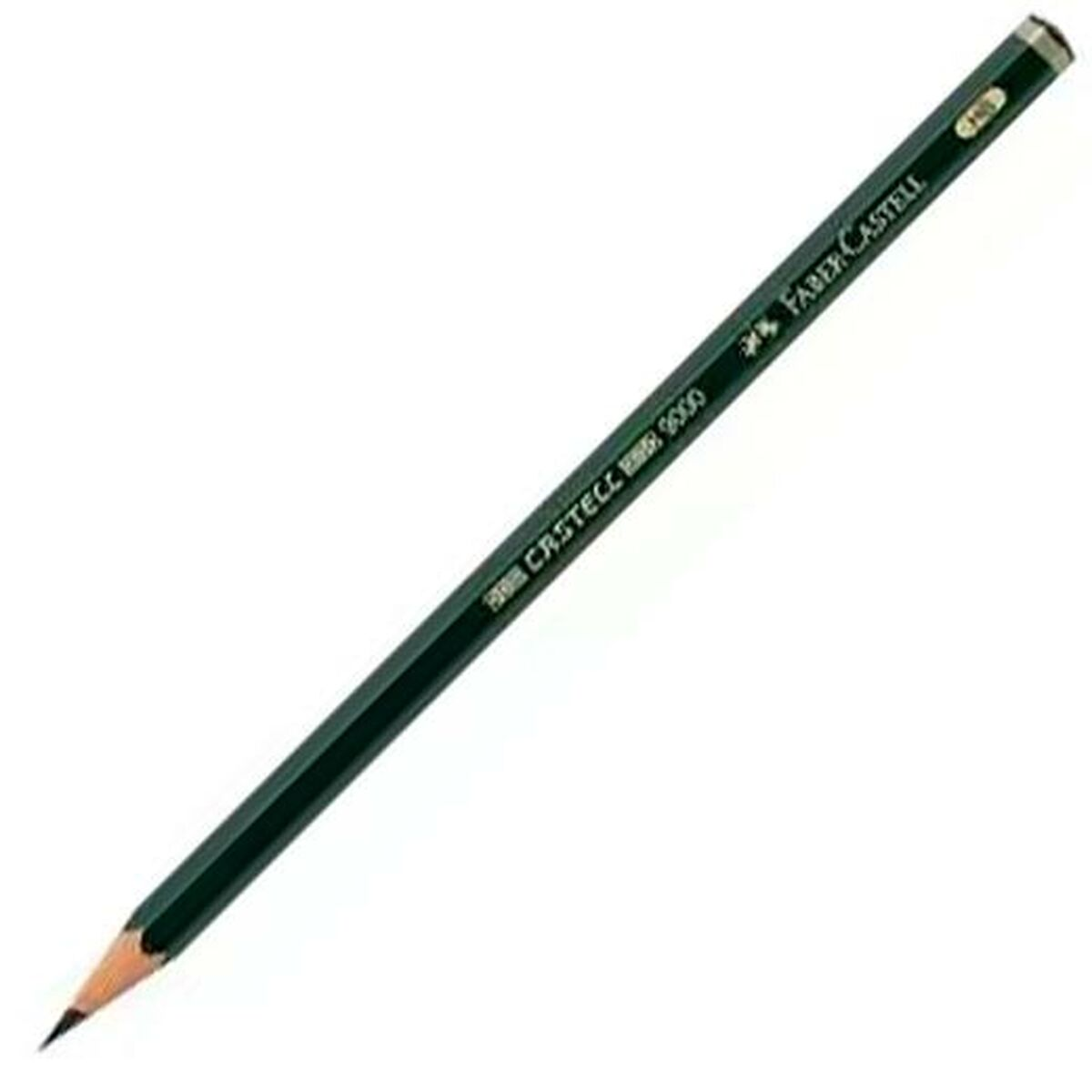 Ein spitz zulaufender, dunkelgrüner Faber-Castell Bleistift 9000 auf weißem Hintergrund.