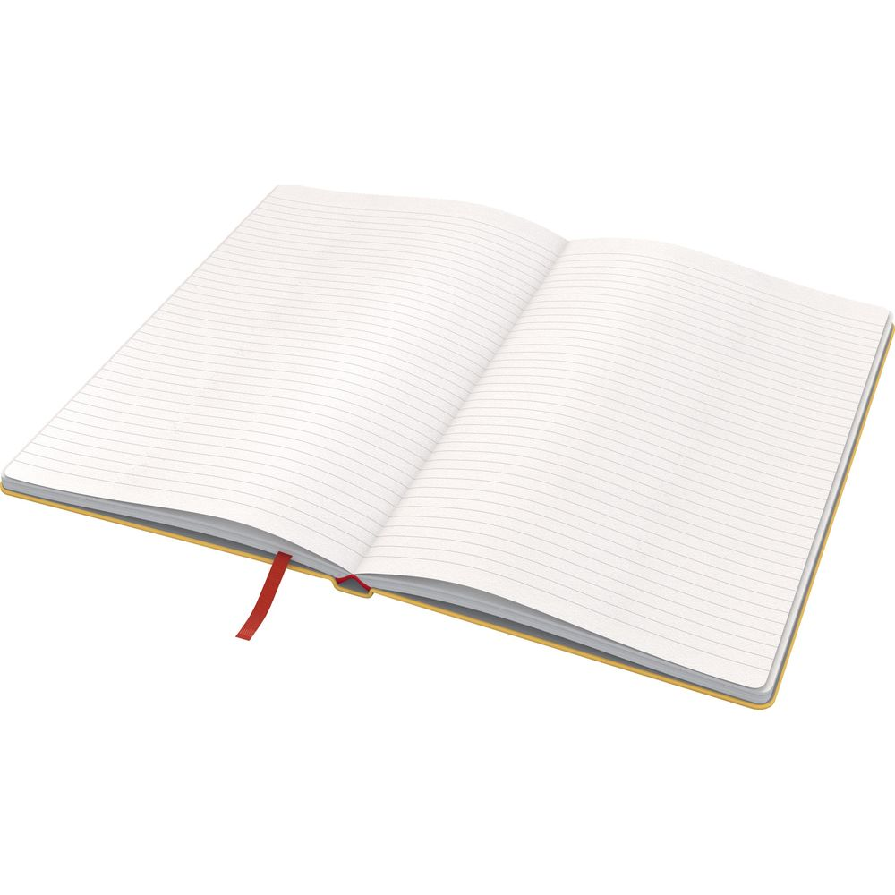 Ein offenes Notizbuch mit gelbem Einband und linierten Seiten. Ein rotes Lesezeichen.