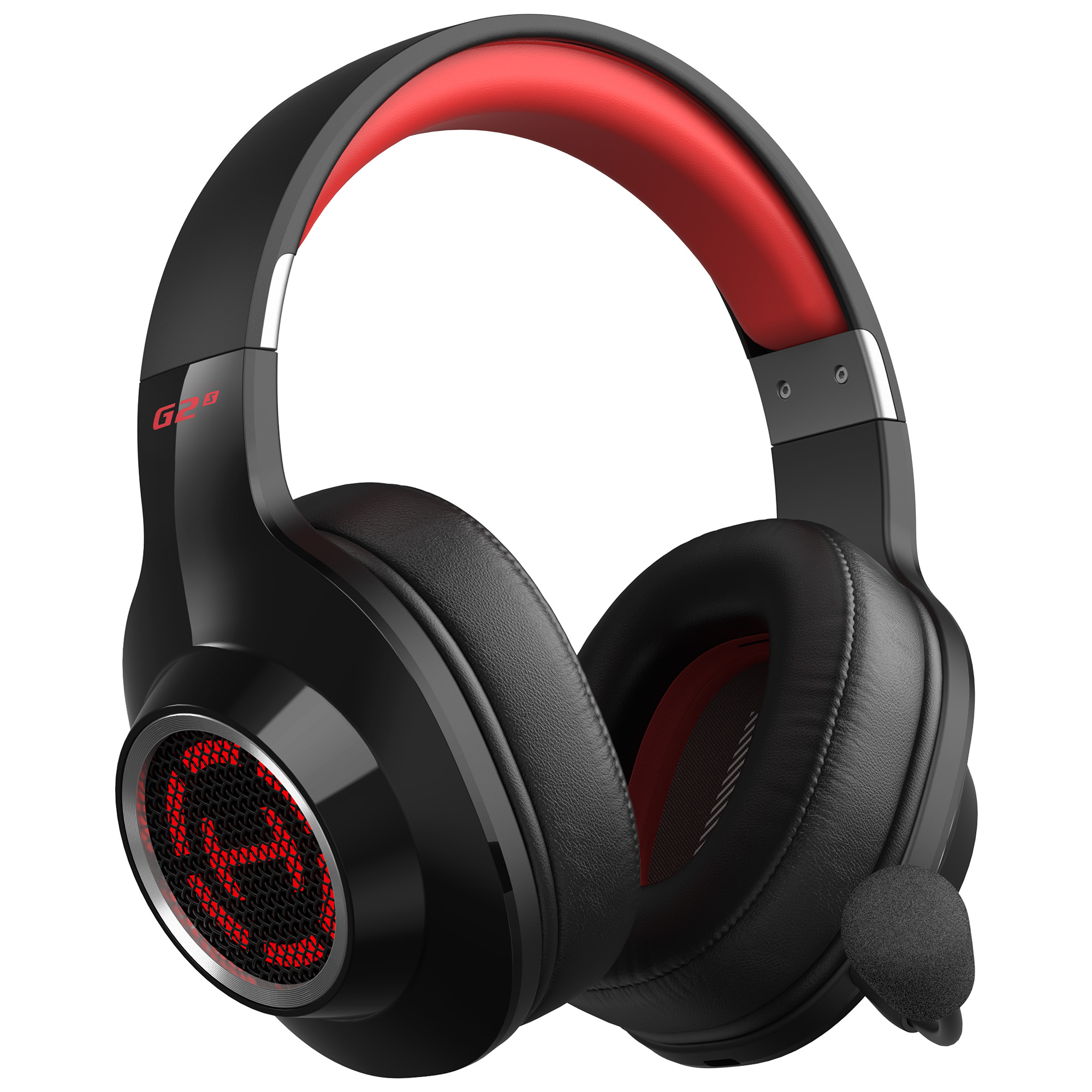Casque noir avec accents rouges et microphone, sur fond blanc.