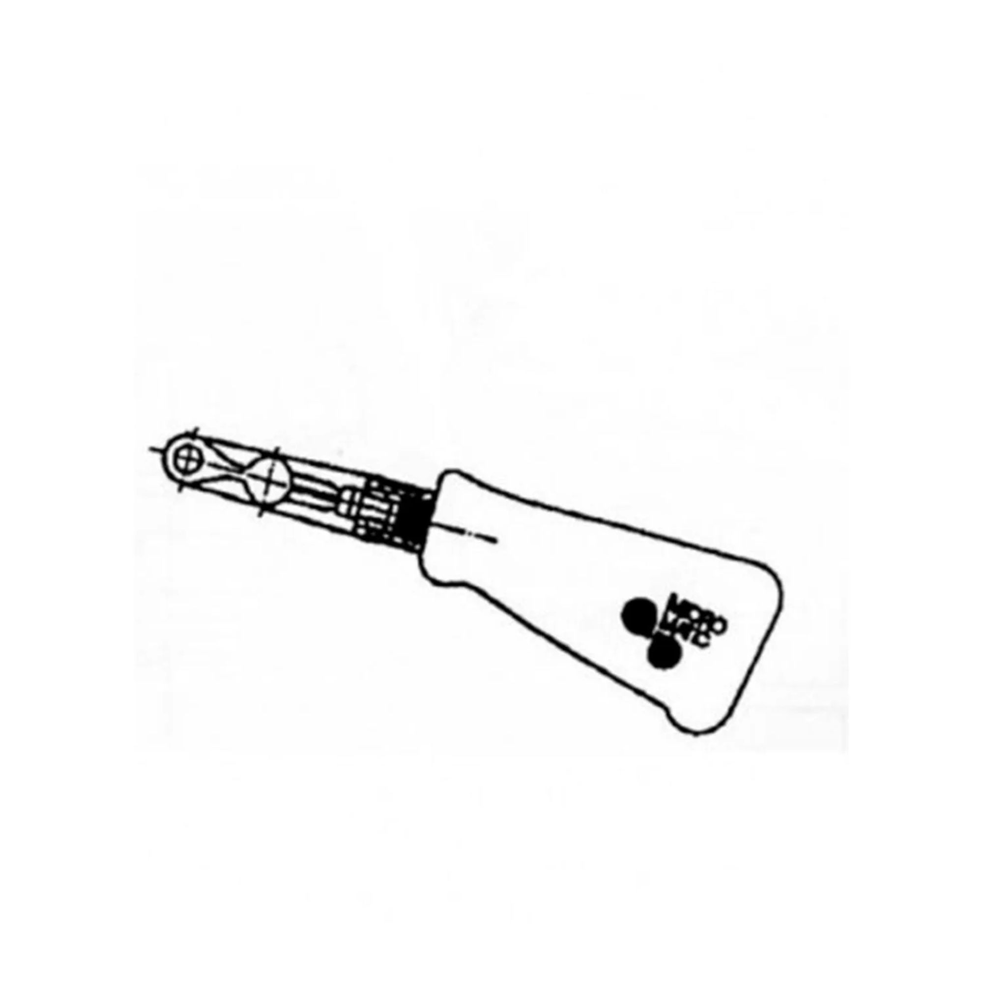 Drawing of a tool with a handle and a metallic end featuring a logo. Simple line art.