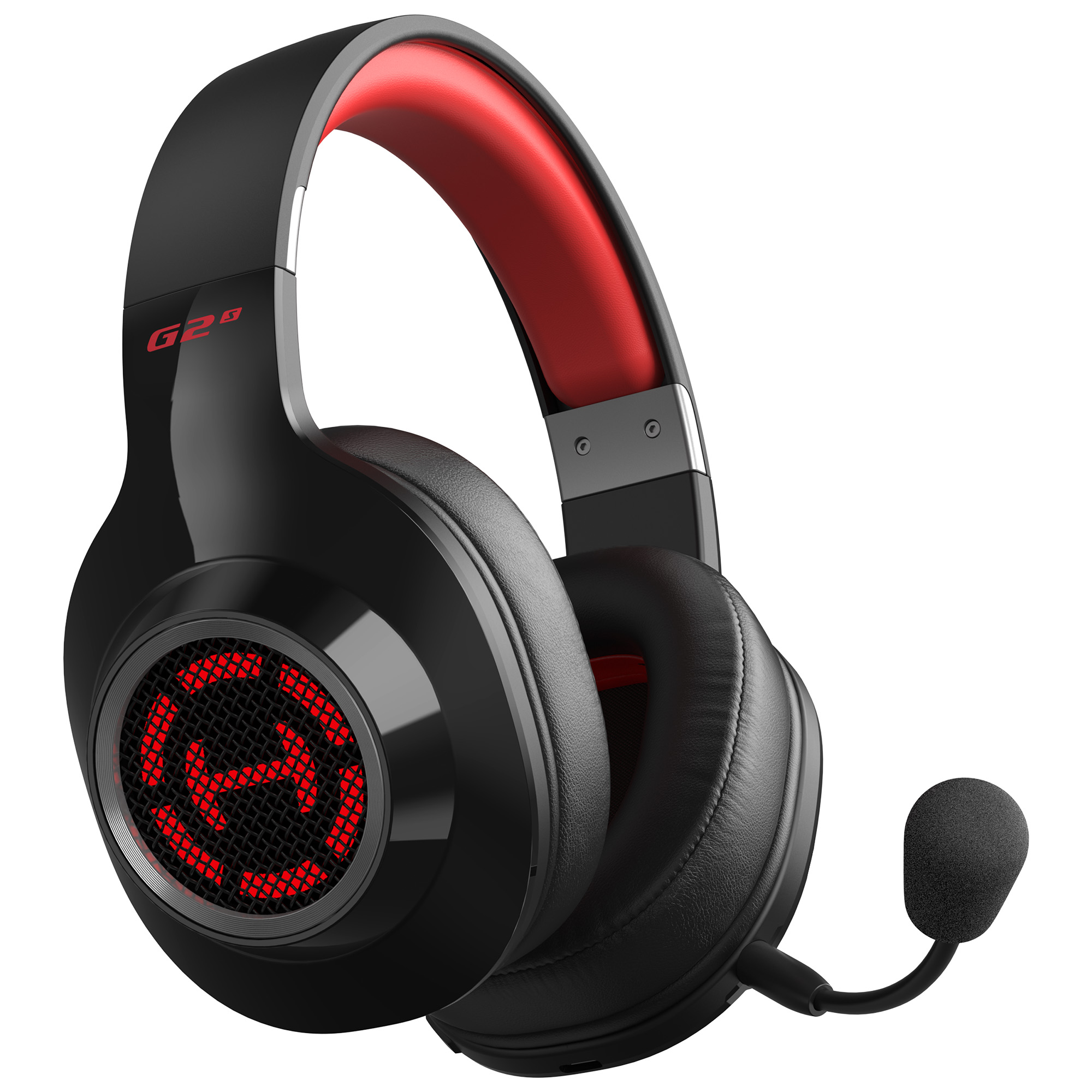 Casque de jeu noir avec accents rouges et microphone.