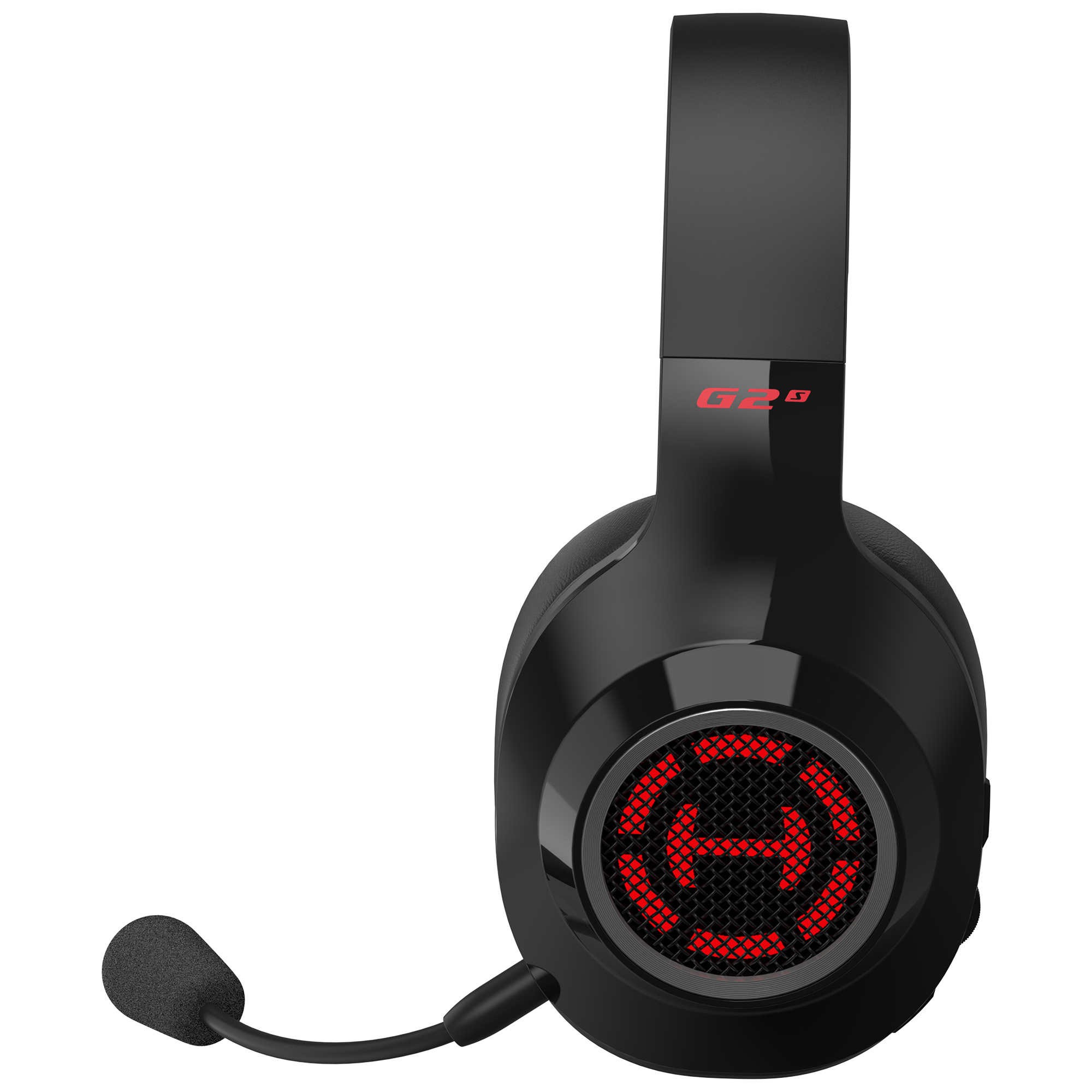 Casque gamer noir avec micro et accents lumineux rouges.