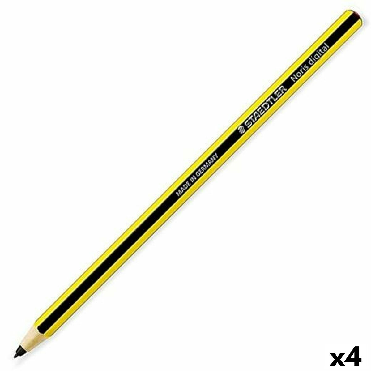 Ein gelber Bleistift mit schwarzem Streifen und Aufschrift, auf weißem Hintergrund.