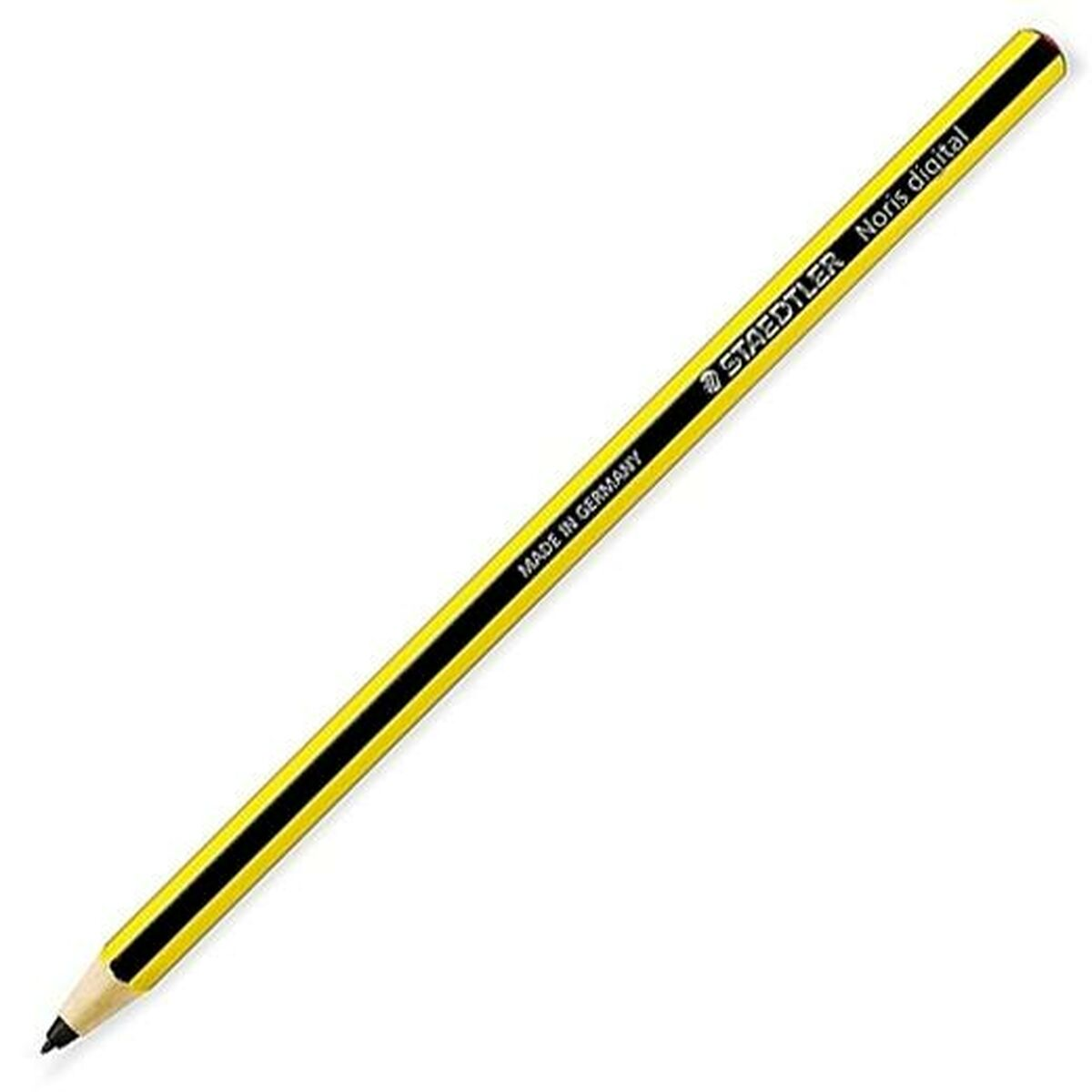 Ein gelber Bleistift mit schwarzem Streifen und Aufschrift "Made in Germany".