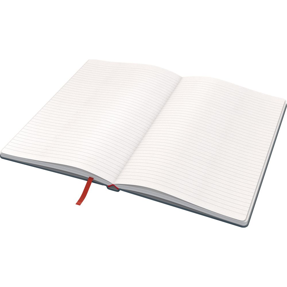 Ein offenes Notizbuch mit linierten Seiten und einem roten Lesezeichen.