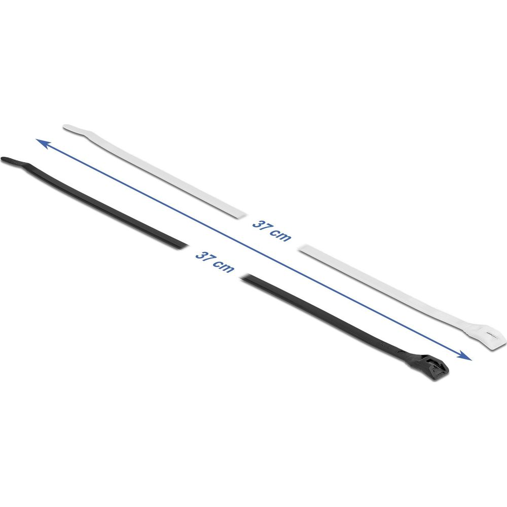 Zwei 37cm lange Kabelbinder, schwarz und weiß, liegen nebeneinander.