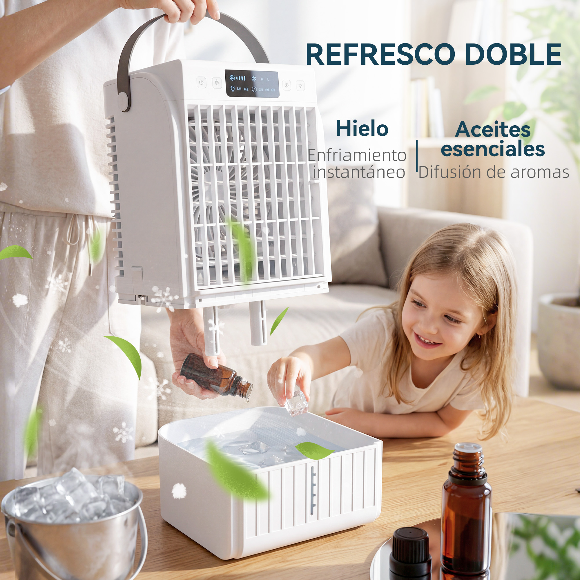 Una niña añade hielo y aceite a un enfriador mientras una persona sostiene un ventilador blanco.