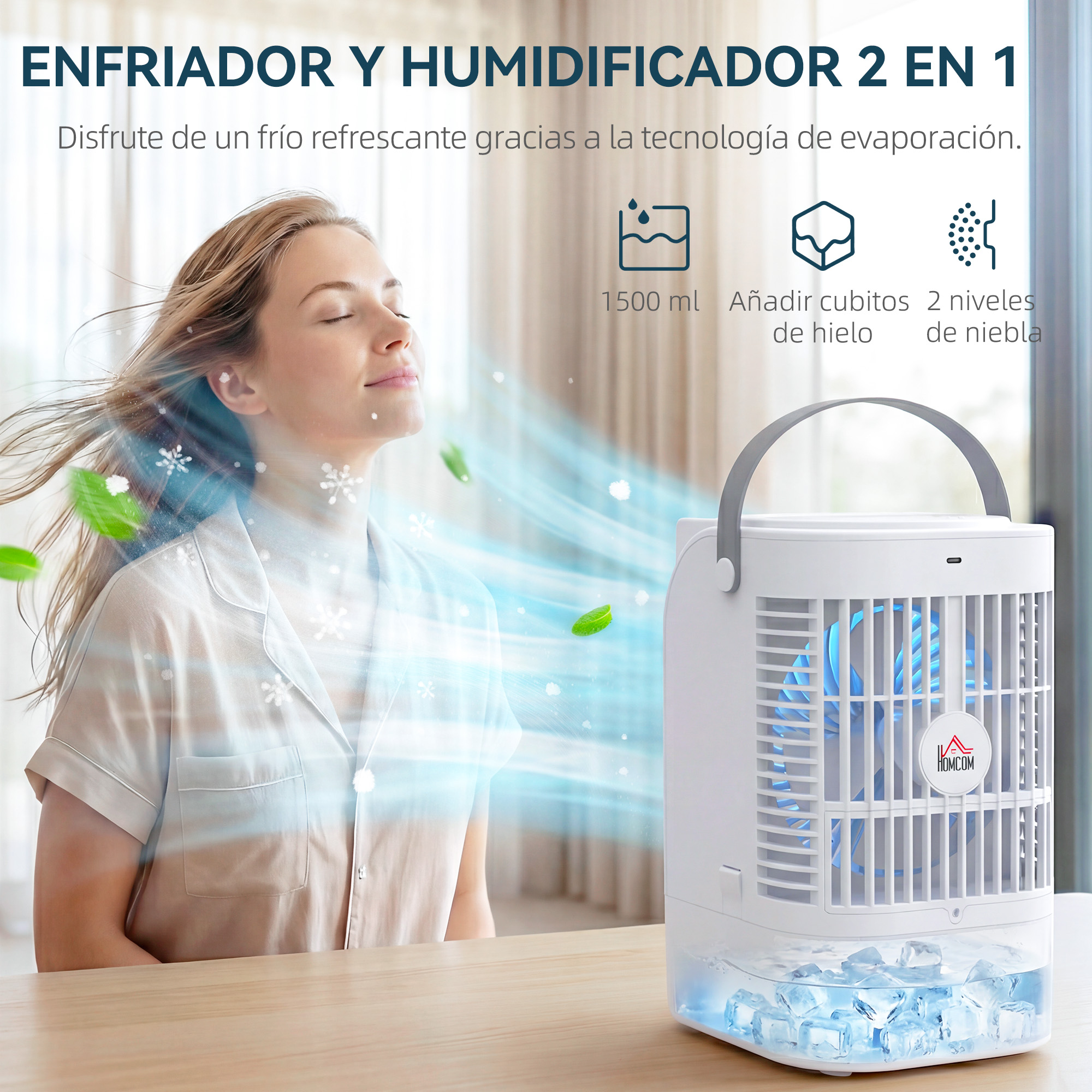 Una mujer disfruta del aire fresco de un enfriador blanco con hielo y agua.