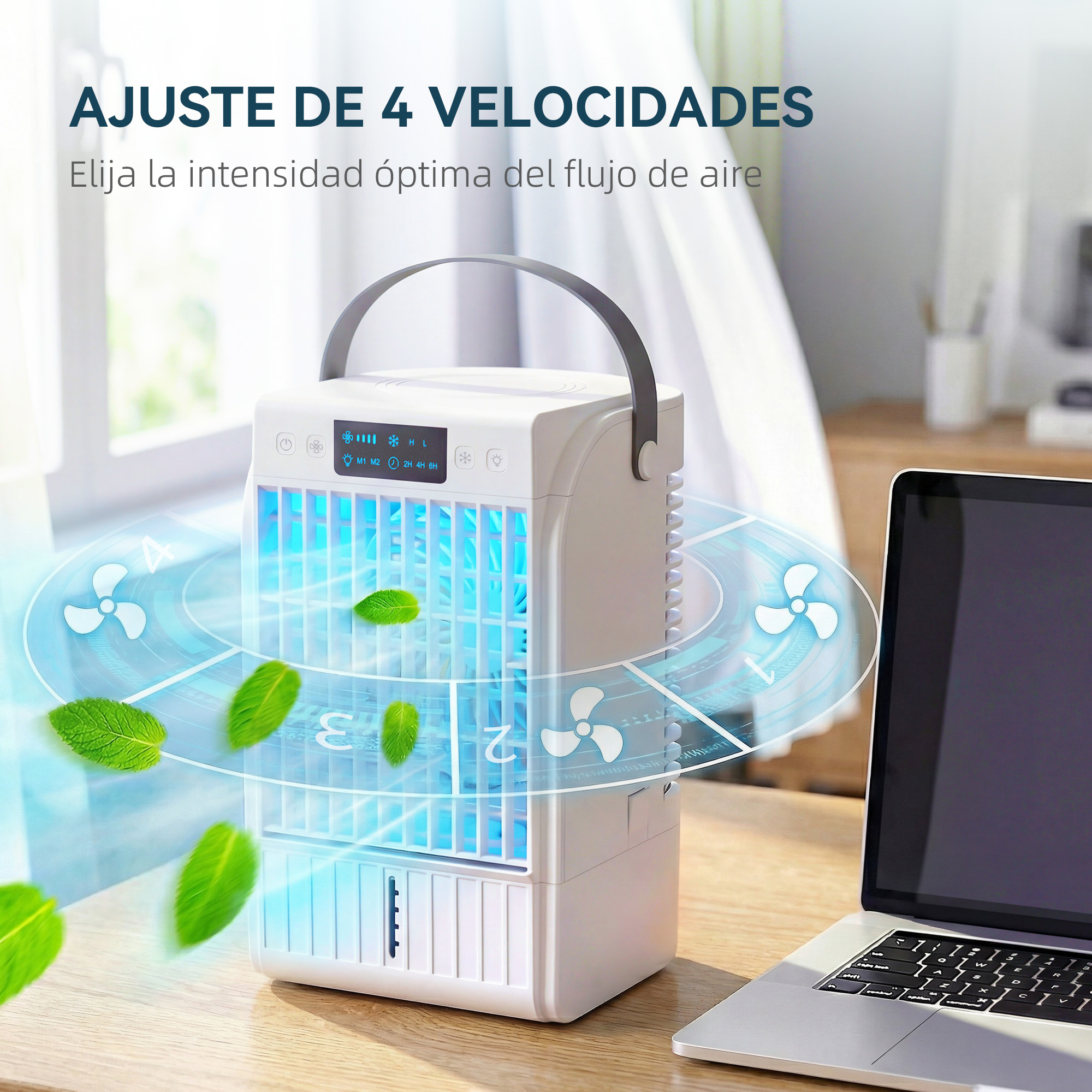 Un enfriador de aire portátil blanco con luces azules y hojas verdes frente a un portátil.