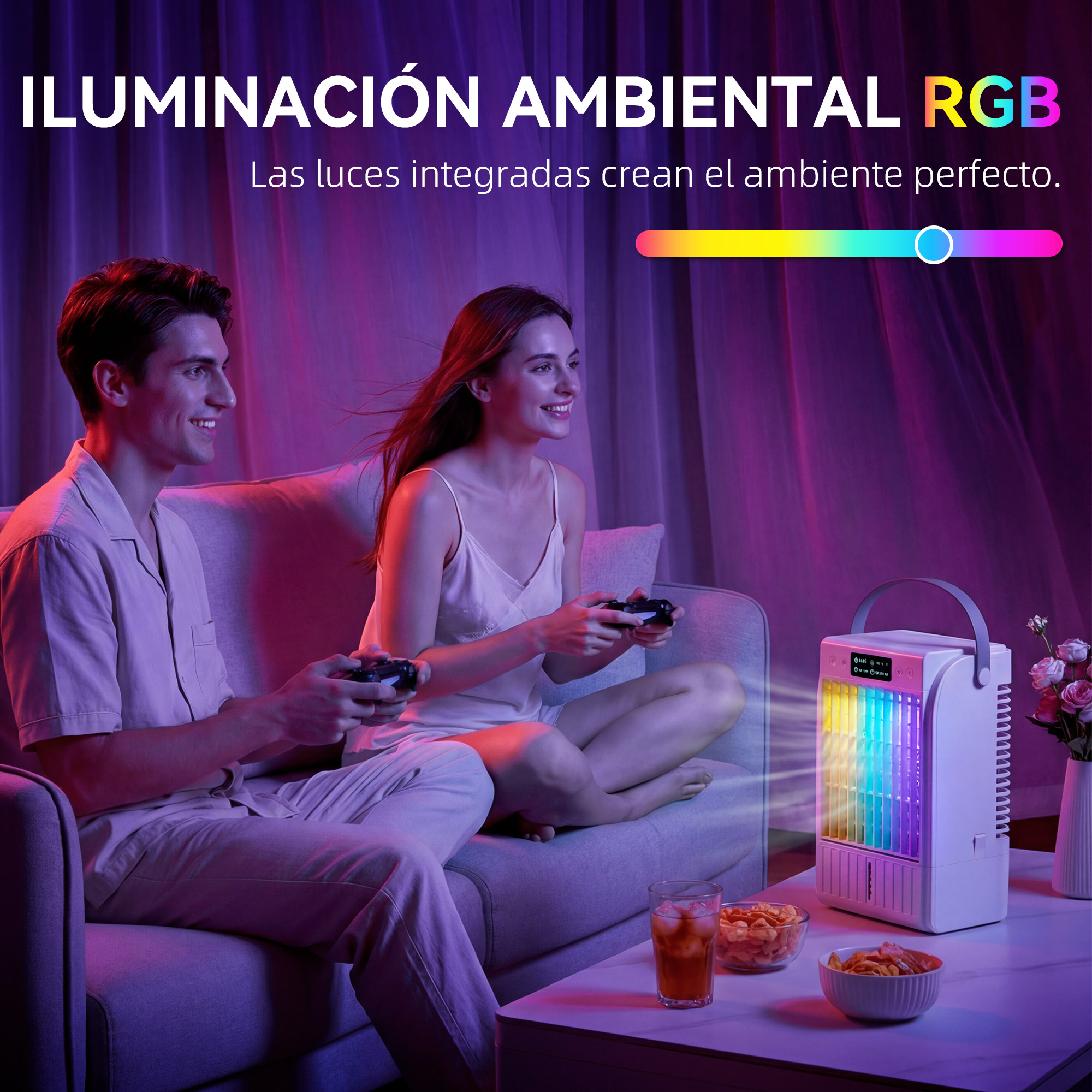 Hombre y mujer juegan videojuegos, iluminados por un ventilador colorido.