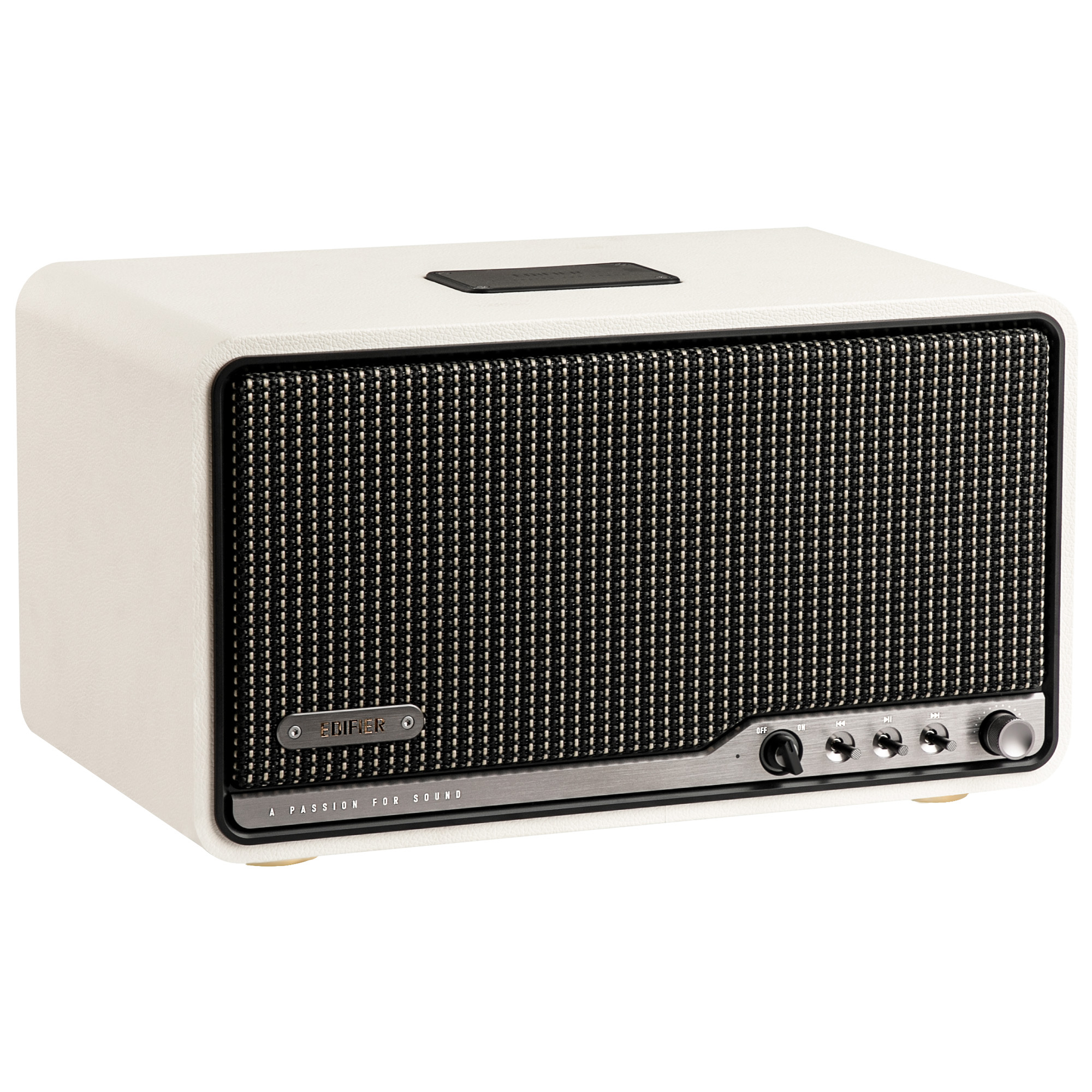 Siyah ızgaralı ve kontrol düğmeli beyaz hoparlör.