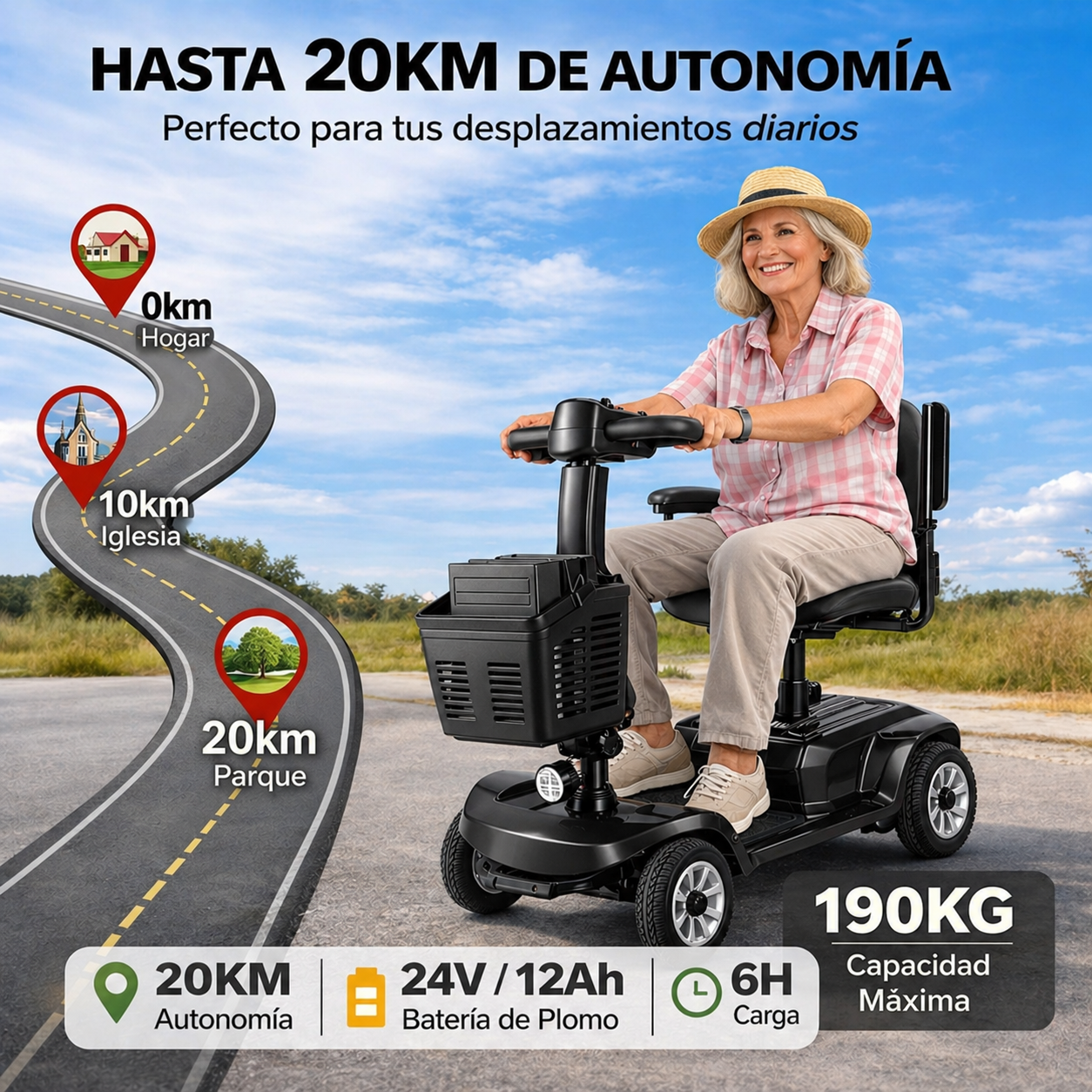 Una mujer mayor conduce un scooter eléctrico negro en una carretera, con un mapa de alcance.