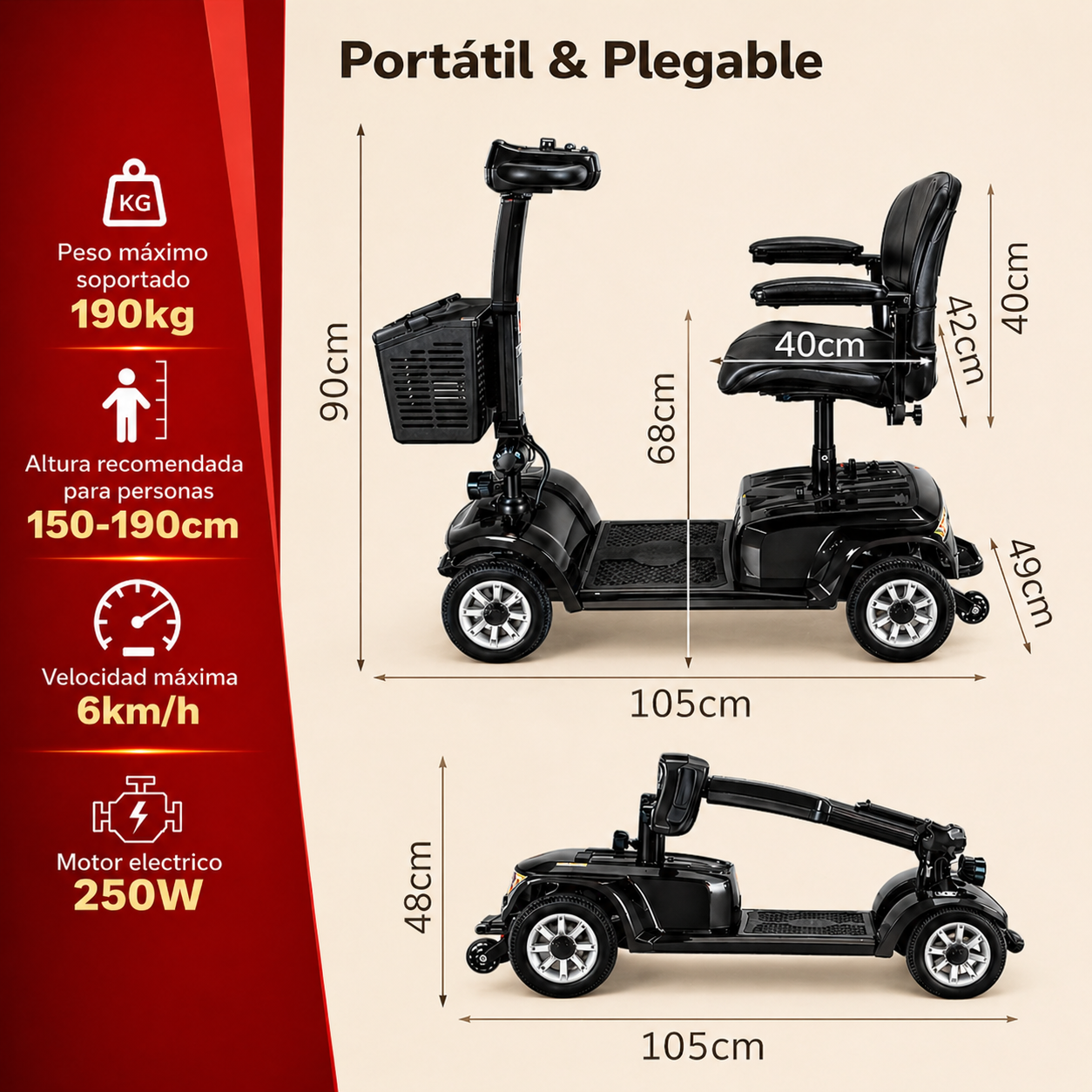 Un scooter eléctrico portátil negro con dimensiones y características.