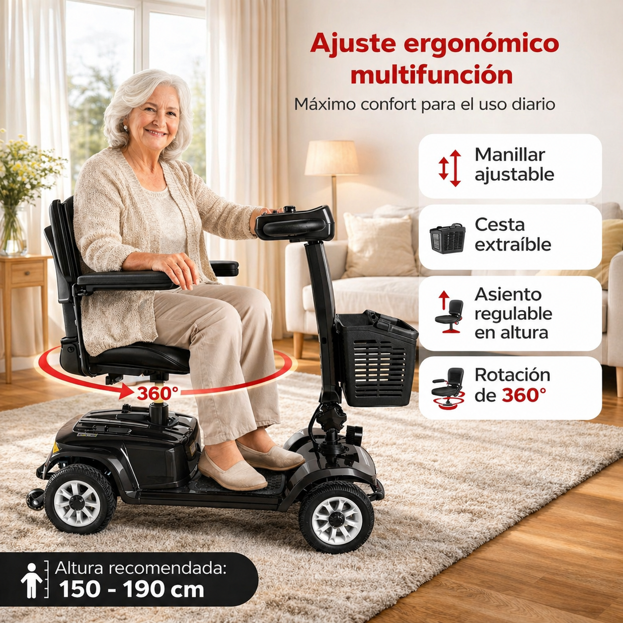 Mujer mayor sentada en un scooter eléctrico negro con asiento y cesta ajustables.