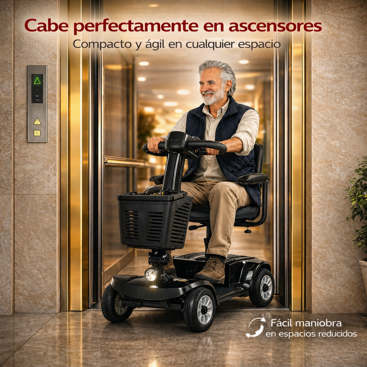 Hombre mayor en scooter eléctrico negro dentro de un ascensor.