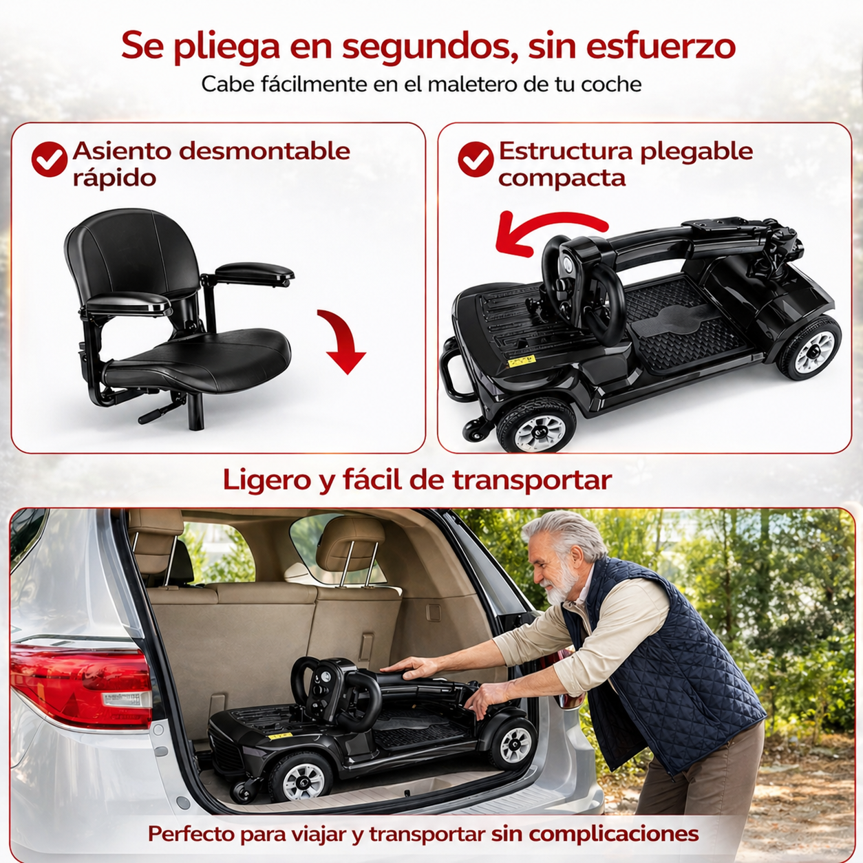 Un hombre guarda un scooter eléctrico plegable negro en el maletero de un coche.