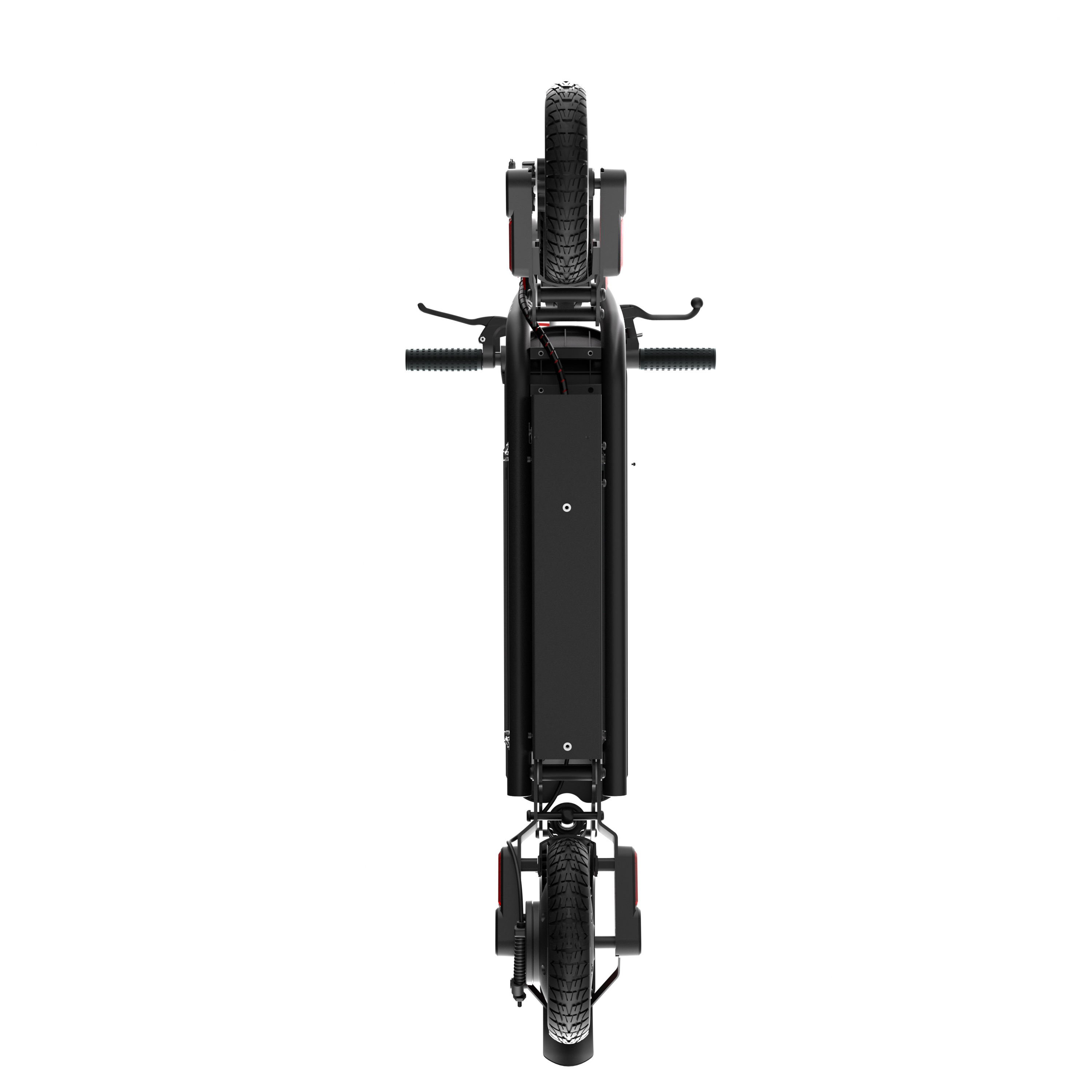 Monopattino elettrico nero visto dall'alto, con ruote, manubrio e batteria.