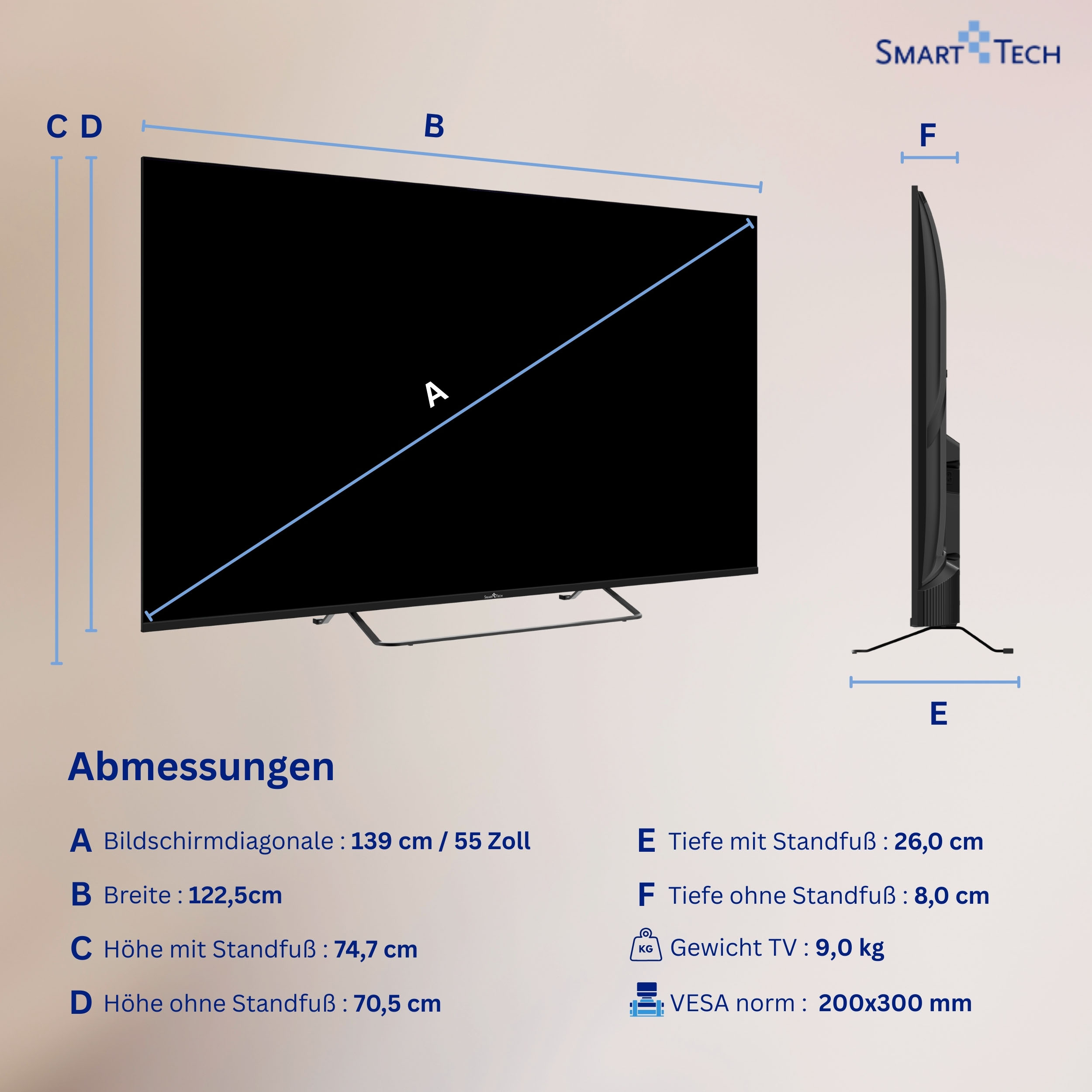 Technische Zeichnung eines Fernsehers mit Maßen und Gewichtsangaben.